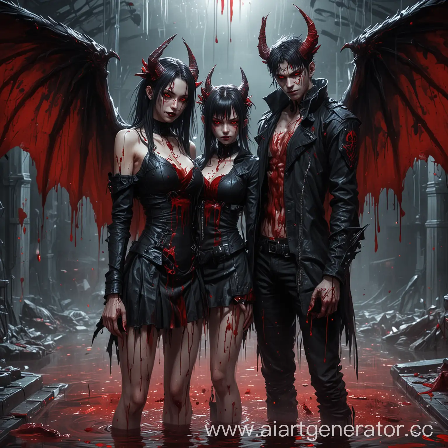Нарисуй двух демонов-вампиров, парня и девушку в стиле аниме, стиль одежды киберпанк, у них красные глаза, с вампирскими клыками, по которым стекает кровь, рога демонов и крылья,они стоят в луже крови среди мёртвых людей, в вампирской одежде, на руках у них острые когти. 