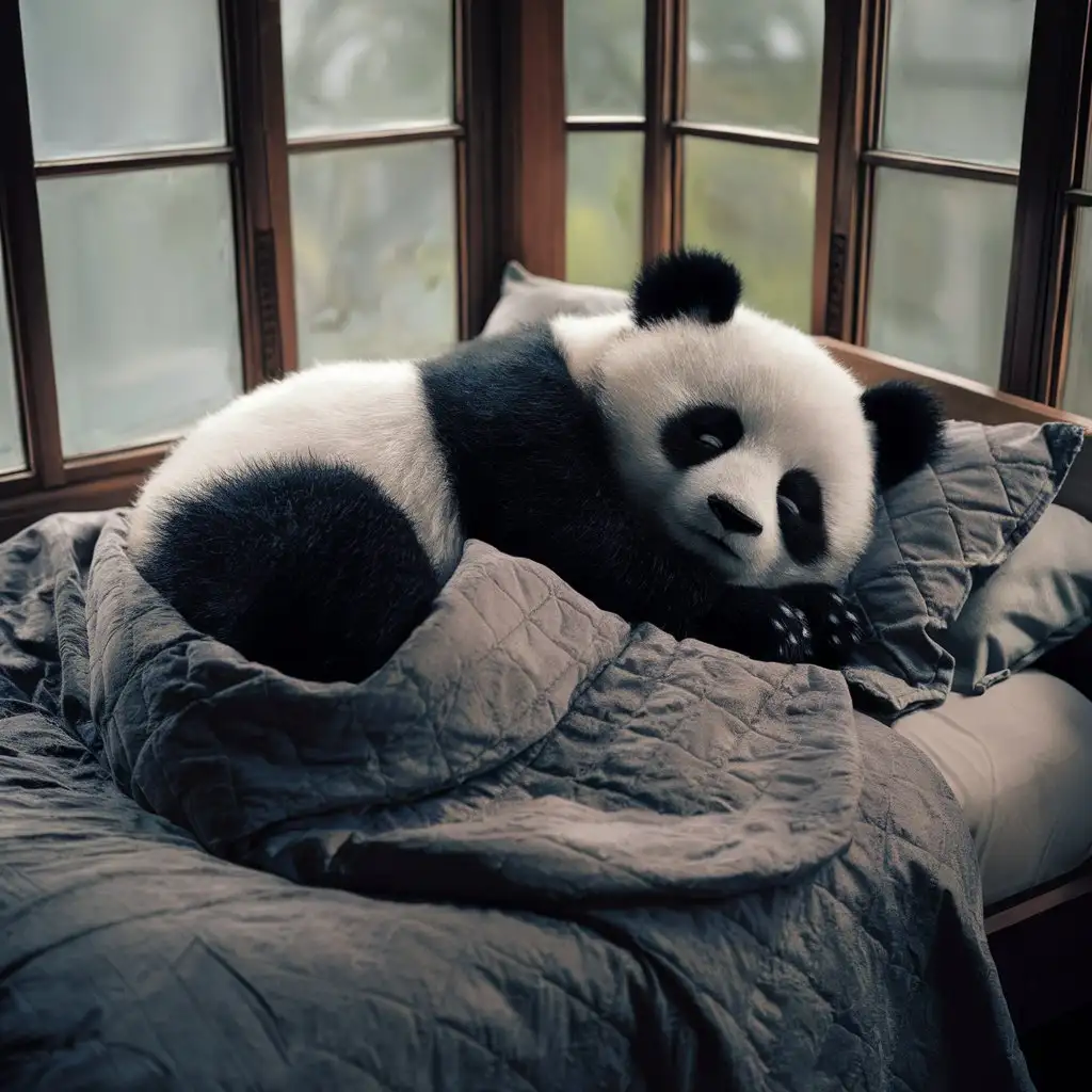 A very cute panda, sleeping on the bed in the bedroom, covered with quilt, very comfortable, anthropomorphic, floor-to-ceiling windows