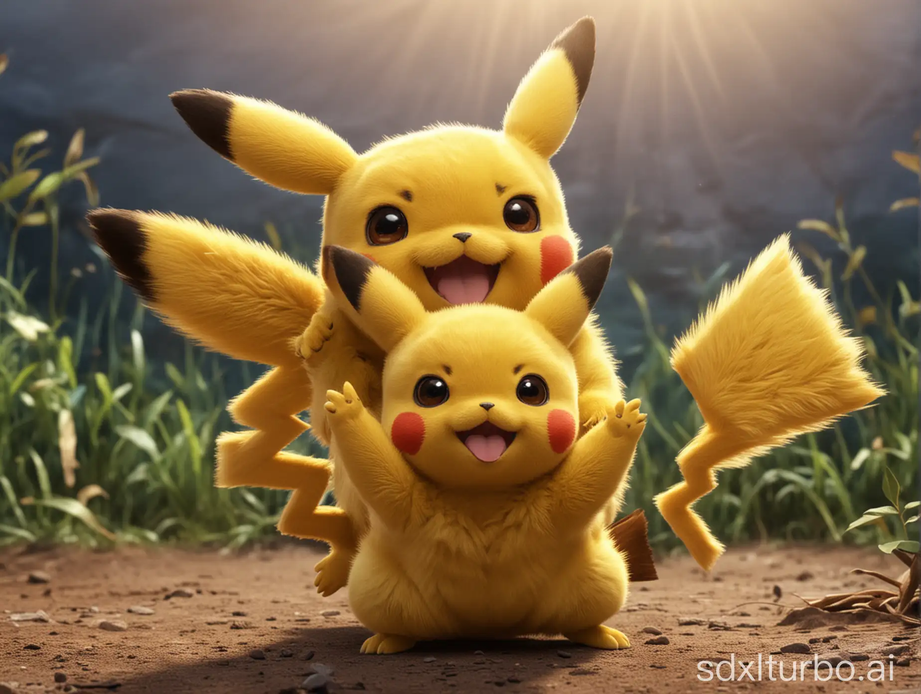 Pikachu-and-Kakuna-Joyful-Encounter-in-a-Vibrant-Forest