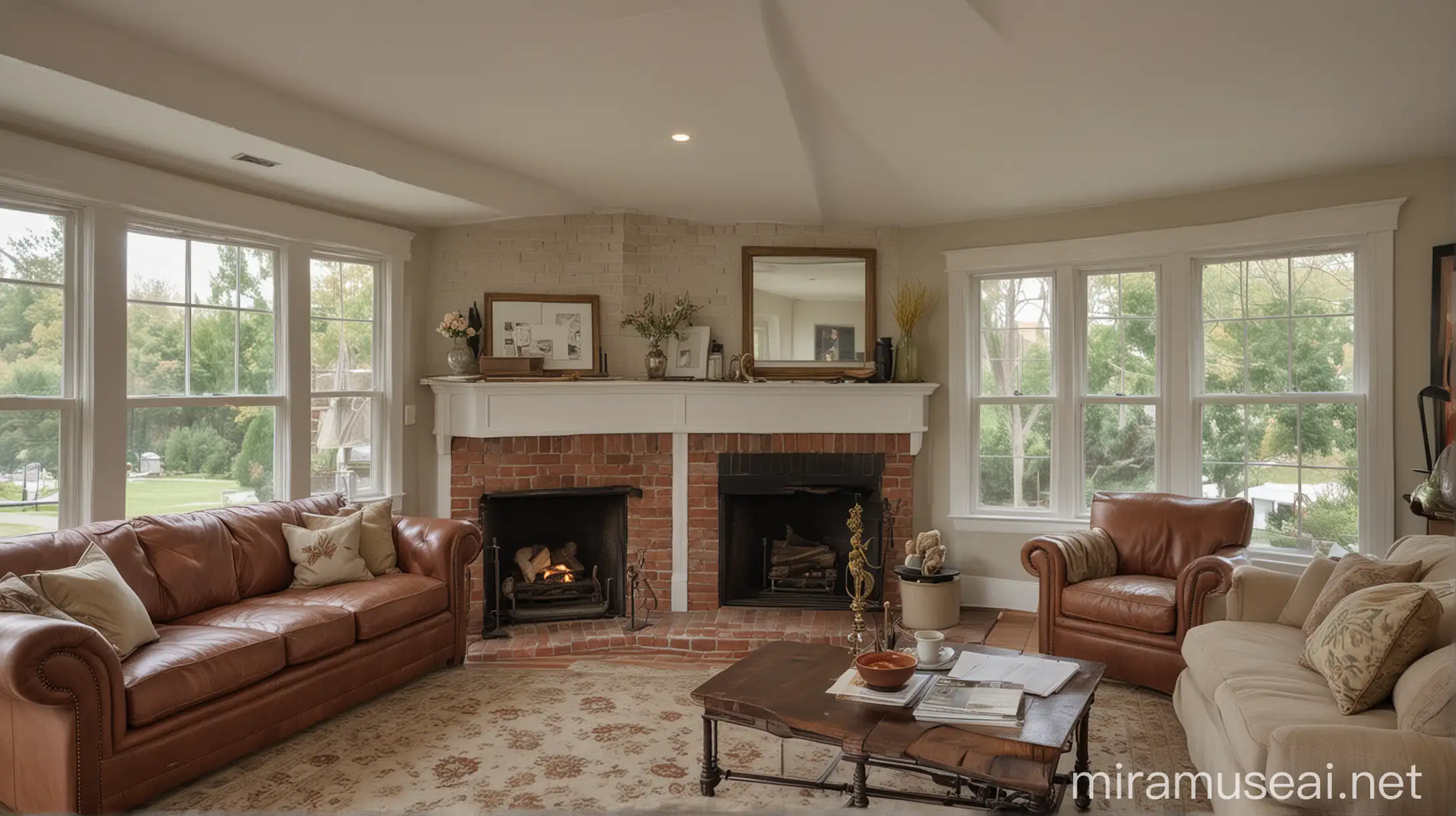 The brick fireplace is nestled in the corner of the house with calming and comfortable classic furniture and windows