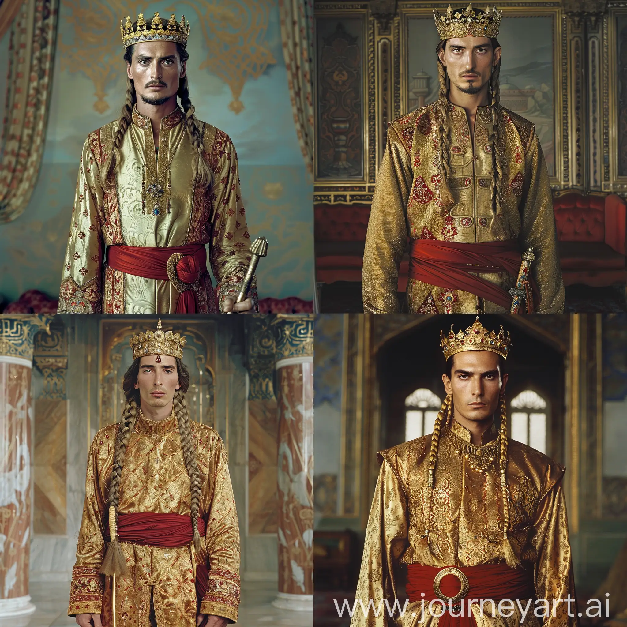 Seljuk-Ruler-Adorned-in-Opulent-Gold-Robes-and-Gemencrusted-Crown