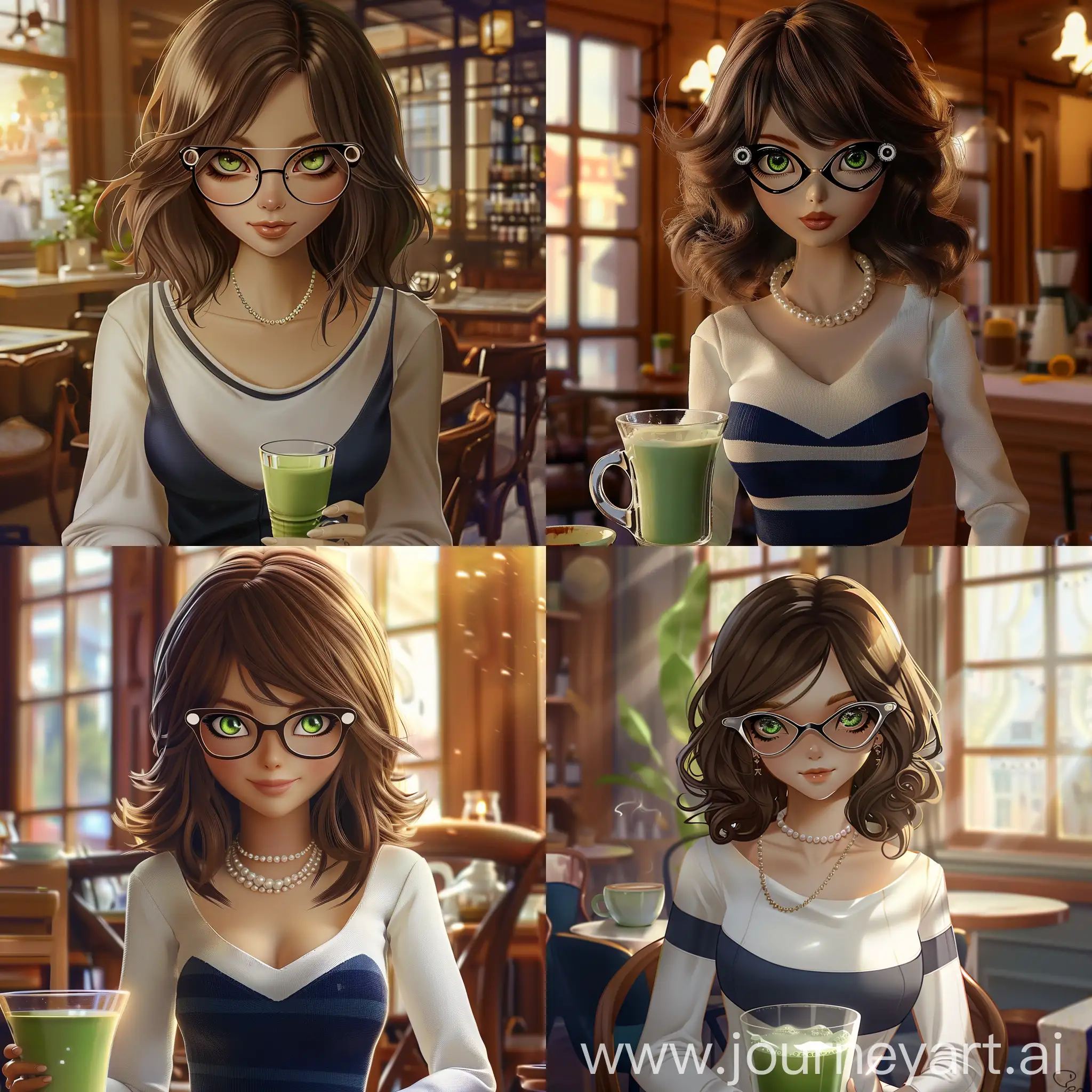 An image in the style of a Bratz doll, a girl sitting in a cafe, with shoulder-length brown hair, green eyes, in a white longsleeve with a dark blue horizontal stripe, with a wide neckline, with a pearl necklace around her neck, wearing cat's eye glasses, holding a glass of matcha latte