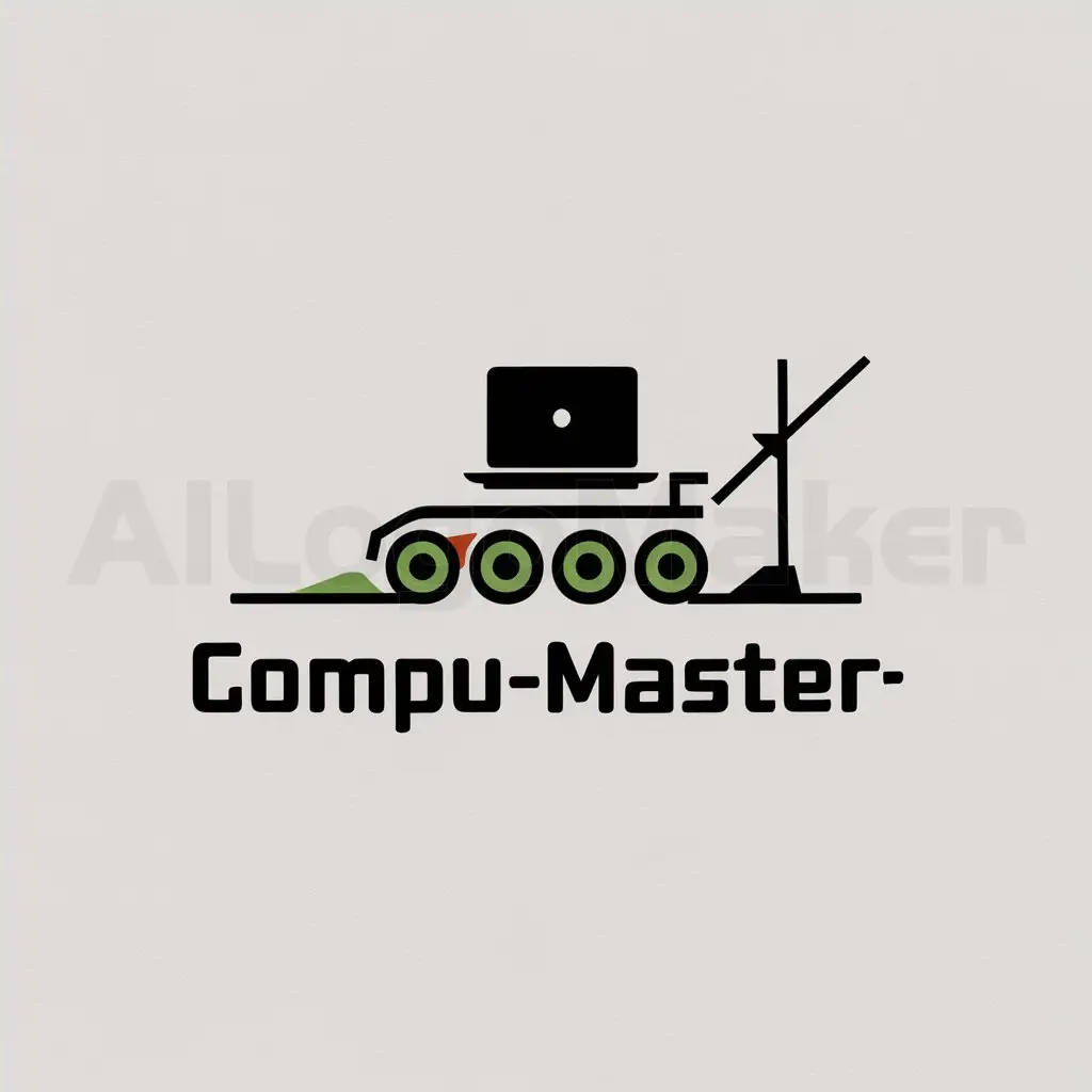 a logo design,with the text "Compu-Master", main symbol:el vehículo explorador de 6 ruedas con una laptop arriba y una antena de un lado,Minimalistic,clear background