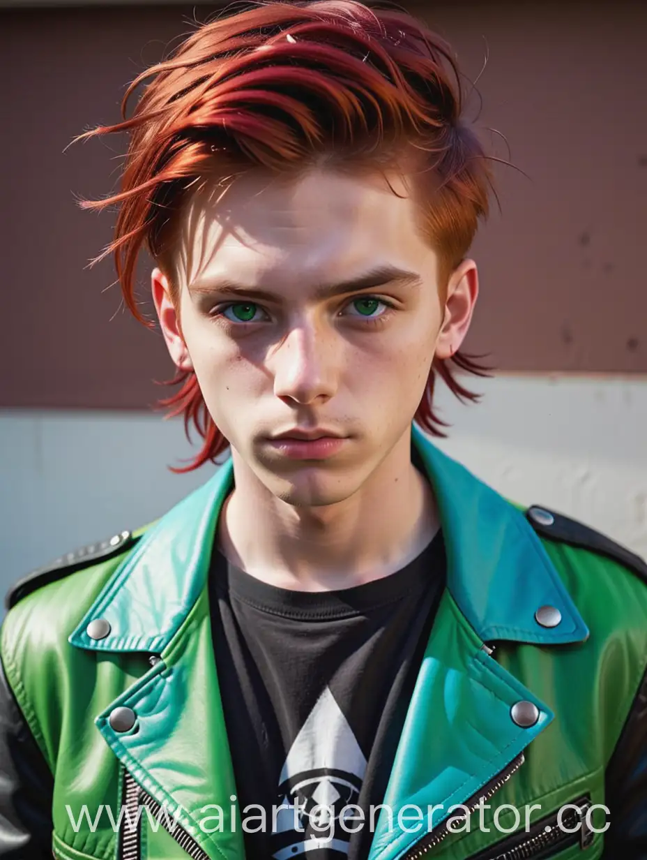 Парень подросток, рыжие волосы с красными прядями, левый глаз зеленый а правый голубой, анархист в кожаной куртке, в полный рост