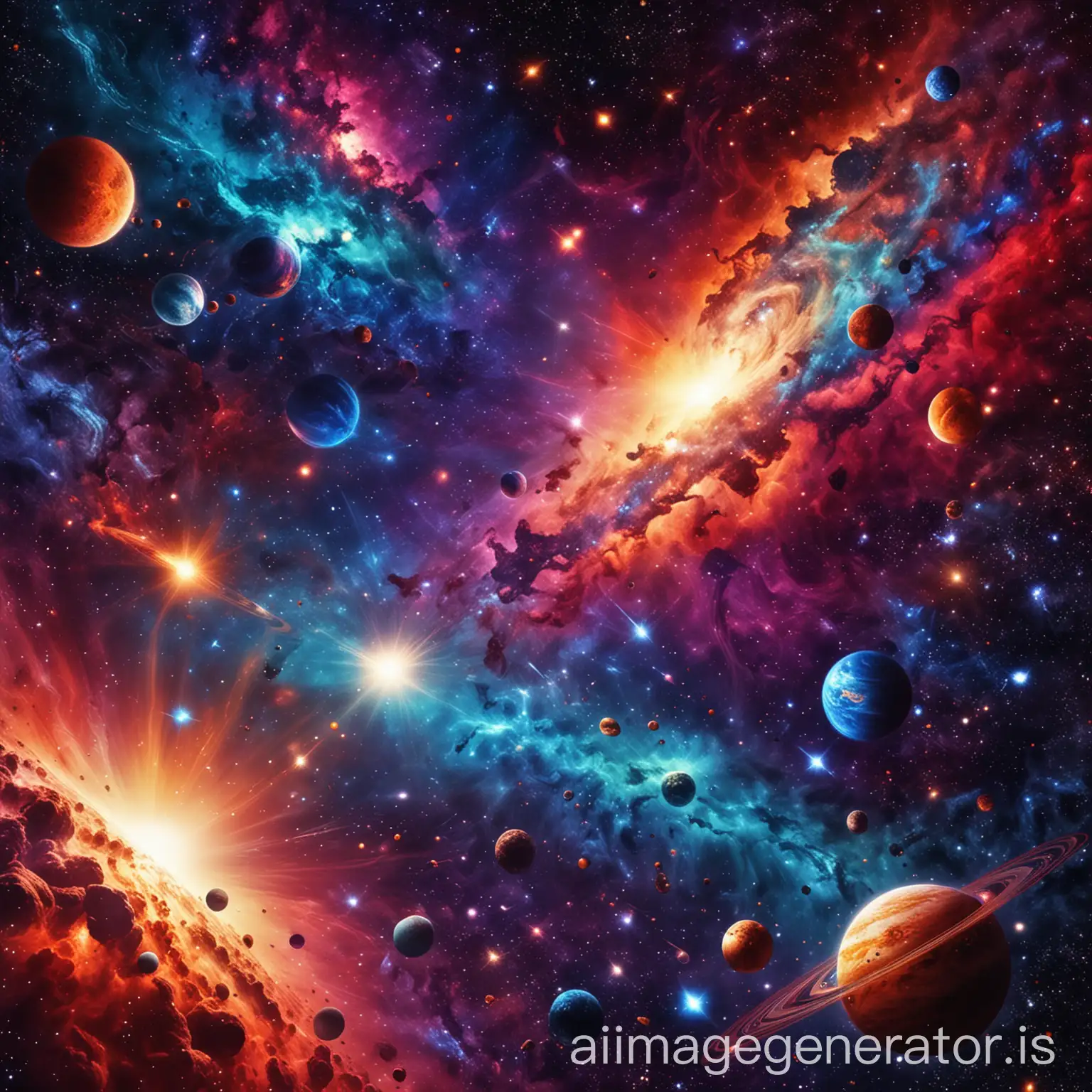 A vibrant galaxy background with stars and planets scattered across.