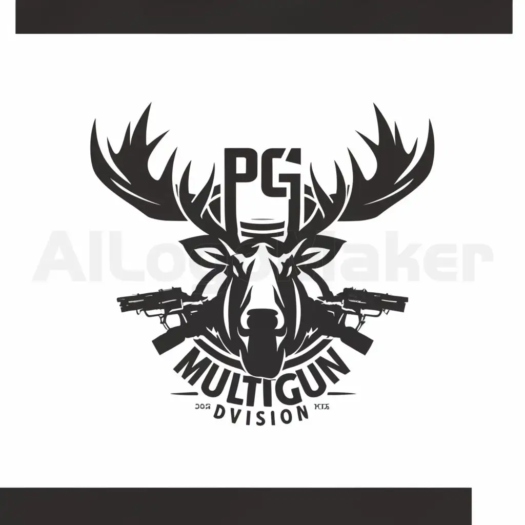 a logo design,with the text "PG Mulitgun Division", main symbol:bull moose in chest rig holding a gun,complex,be used in sport shooting industry,clear background