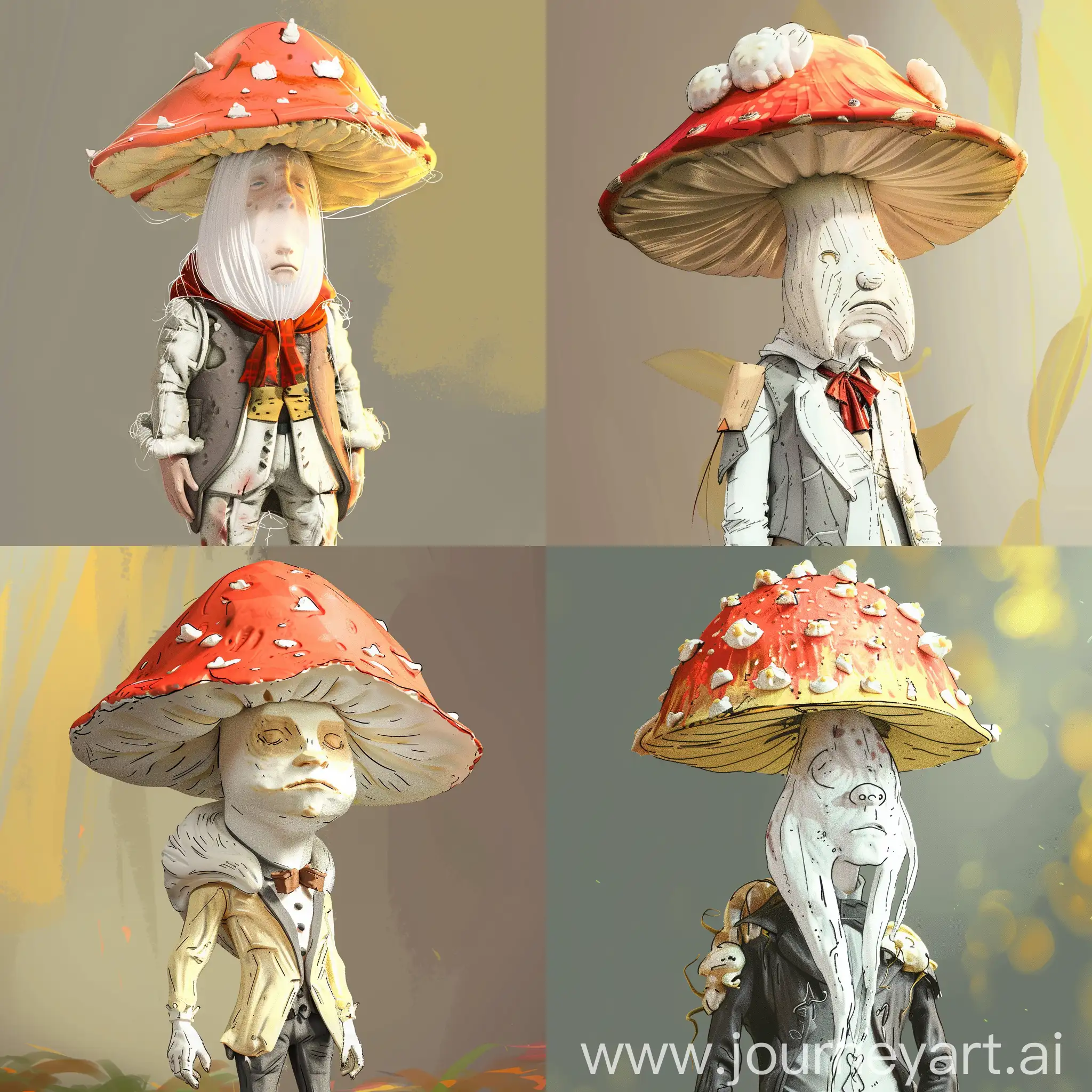 Realistic 3D League of legends style art of a humanoid mushroom with face and costume and white humita.