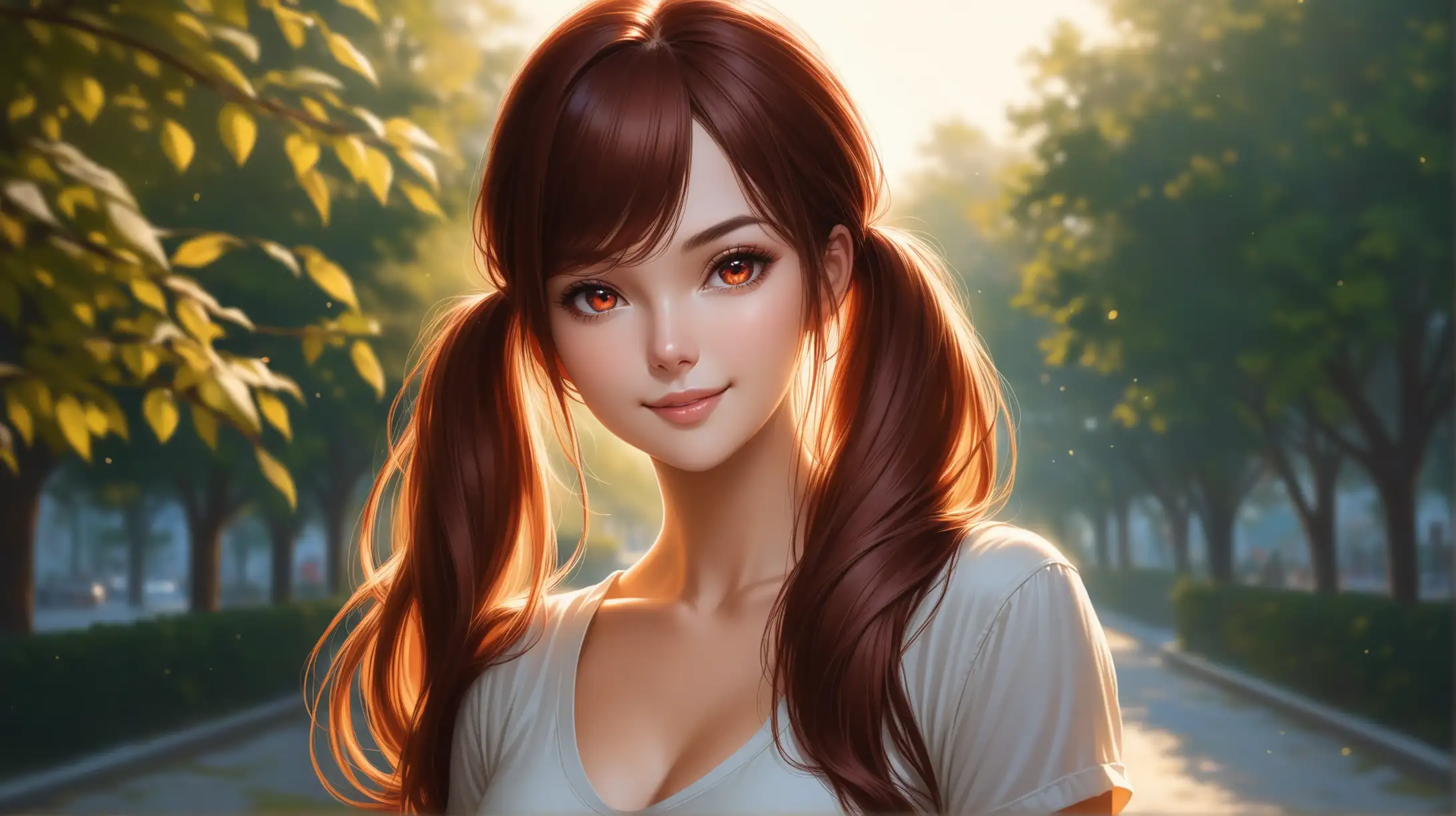 Draw a woman, very long reddish-brown hair, waist-length twintails, side locks, side-swept bangs, scarlet eyes, perky figure, high quality, realistic, accurate, detailed, long shot, ambient lighting, outdoors, seductive pose, casual outfit, smiling at the viewer