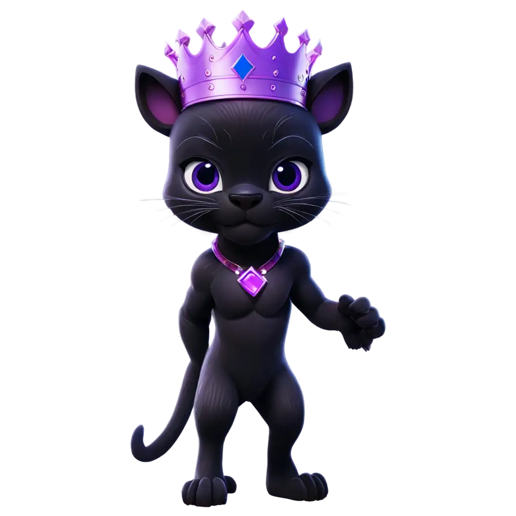 cartoon black panther with glowing purple eyes wearing a crown