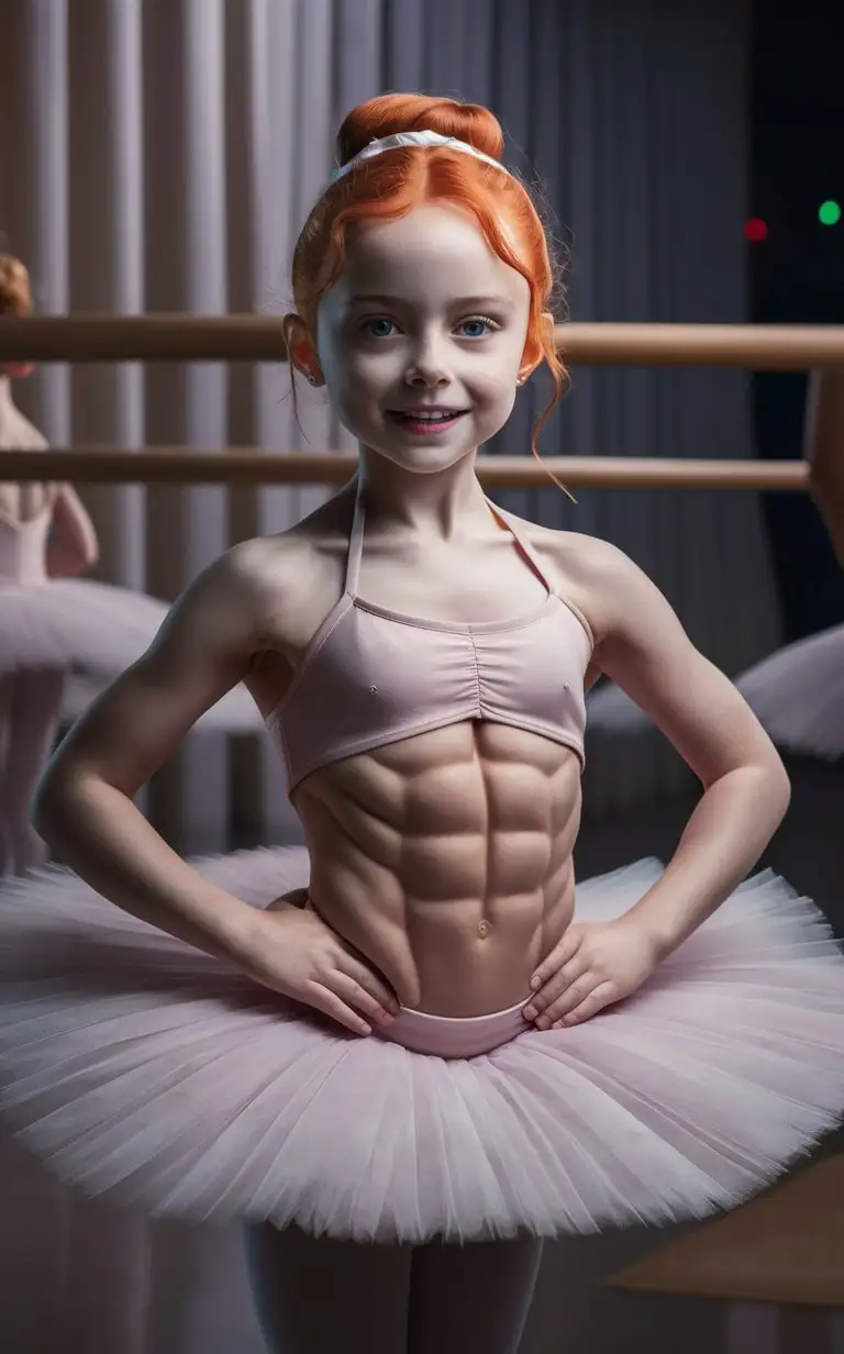 8 years old ballerina, ginger hair, muscular, showing her belly