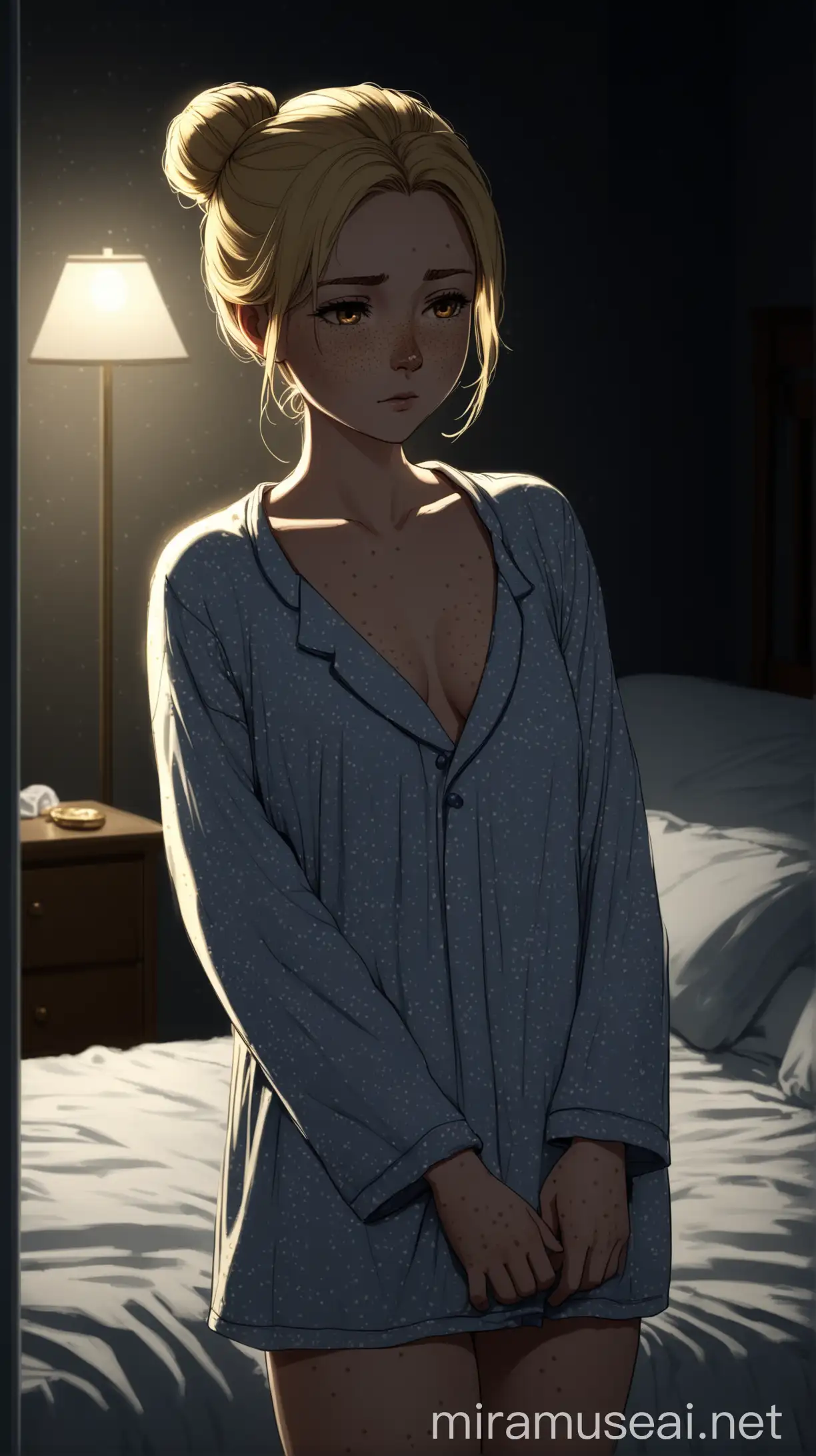 Blonde Woman with Freckles in Cozy Nightwear Pose in Dark Bedroom