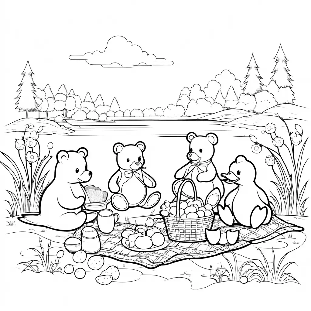 teddy bear, duck, frog having a picnic, Coloring Page, black and white, line art, white background, Simplicity, Ample White Space
