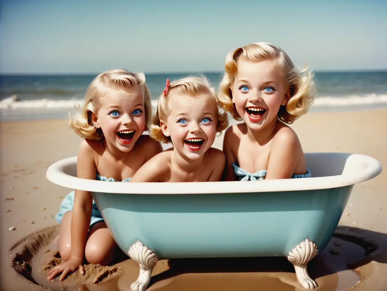 Joyful Retro Beach Fun Two Little Blond Girls Playing in Bathtub by the Sea  | AI Image Generator