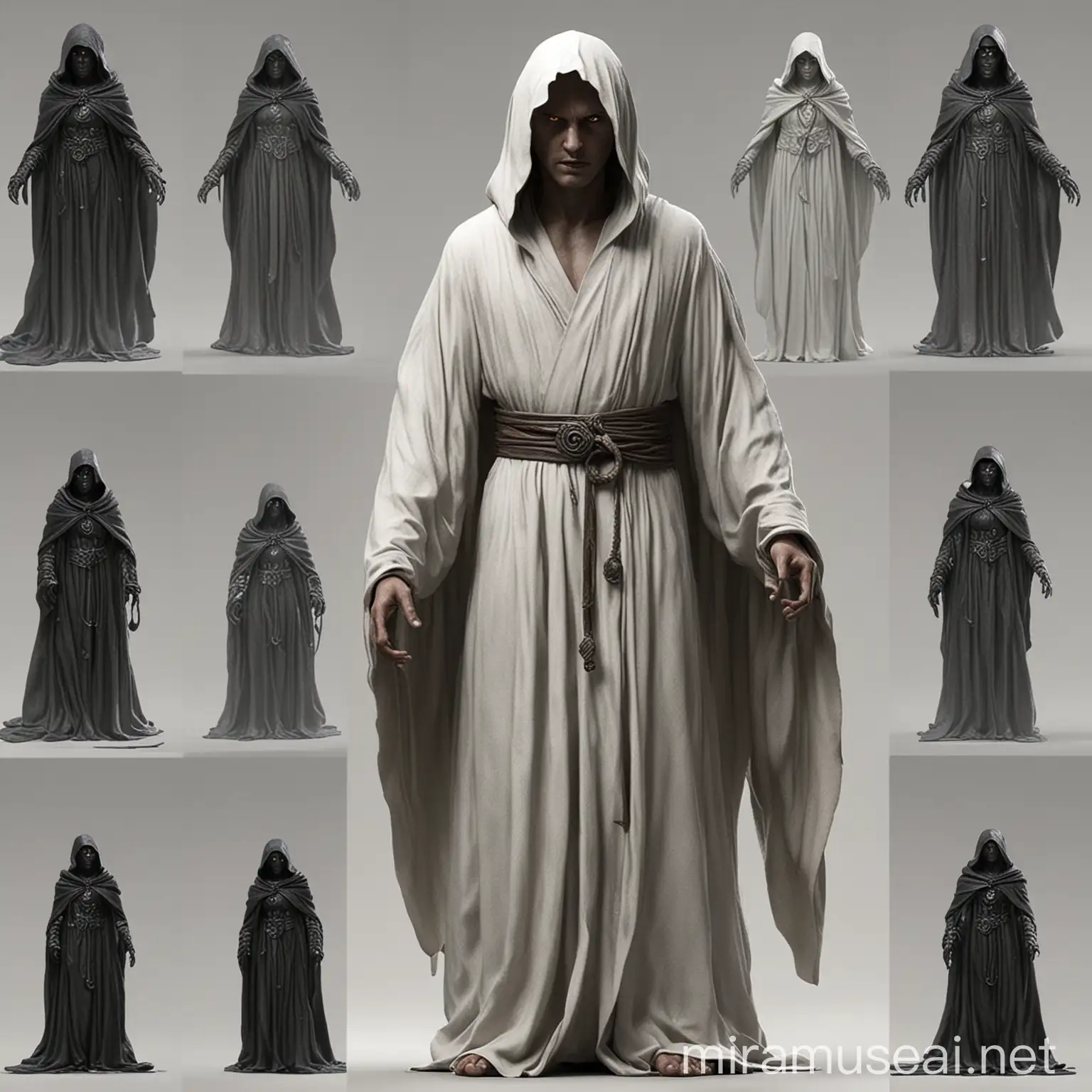 robed figure faced away from camera. also generate fantasy characters with turns (from the camera, into the camera, to the side of the camera, and so on). These figures should be full-length on a white background and possibly wear a black robe.