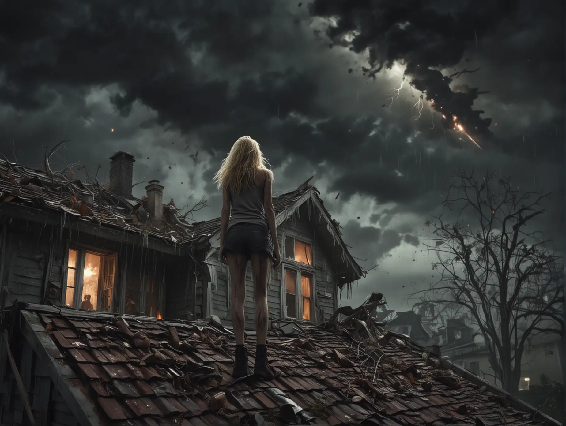 a view from afar, a zombie apocalypse, a dark forest around, 
 a living woman with blonde hair stands on her feet on the roof, stands on the roof of a gloomy house at night, explosions and rockets in the sky, her hair is blowing in the wind it is raining around the night zombies are walking on the ground