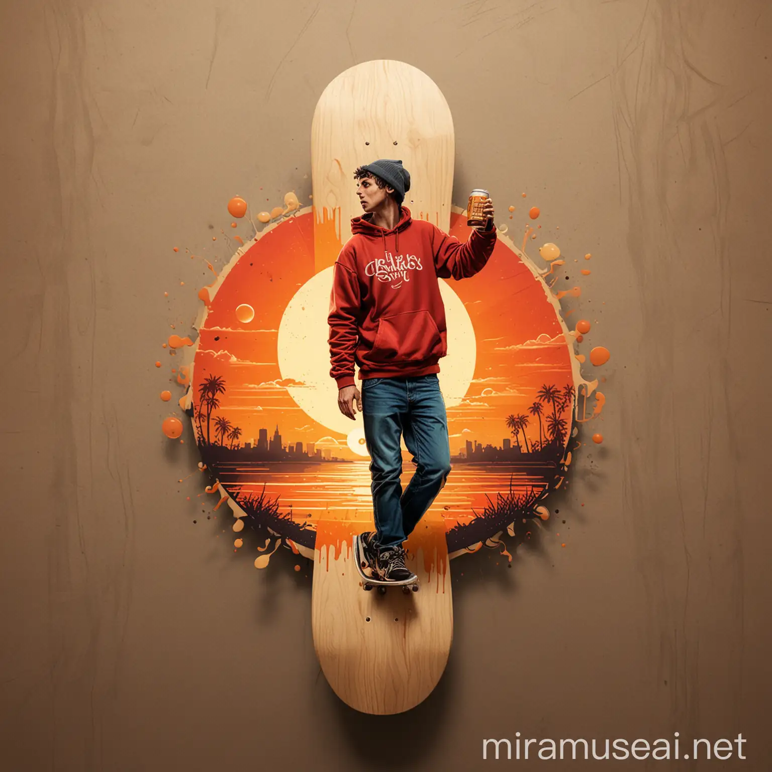Create a detailed illustrated beer label with the following elements:

Background: A vibrant sunset gradient with two large suns, one orange and one red, setting on a hazy horizon. Blend the colors seamlessly for a realistic sunset effect.
Center Image: A dynamic silhouette of a person with a skateboard in their hand, mid-kickflip. Capture the energy and motion of the trick by emphasizing the board's upward angle and the person's outstretched limbs.
Text:
Top, centered: "Twin Suns Brewery" in a bold, retro font. Imagine a classic, slightly condensed font with thick, rounded edges, similar to fonts like "Futura Bold Condensed" or "Bebas Neue Bold."
Below the image, centered: "Teenage Dirtbag" in a large, graffiti-style font with a slight drip effect. Use bold, thick outlines with a spray-painted aesthetic, similar to street art styles. Add a subtle dripping effect on the letters for a dynamic touch.
Below "Teenage Dirtbag," centered: "American Wheat Beer" in a smaller, clear font. Choose a simple, legible font that complements the other styles, such as "Open Sans" or "Helvetica Neue Light."