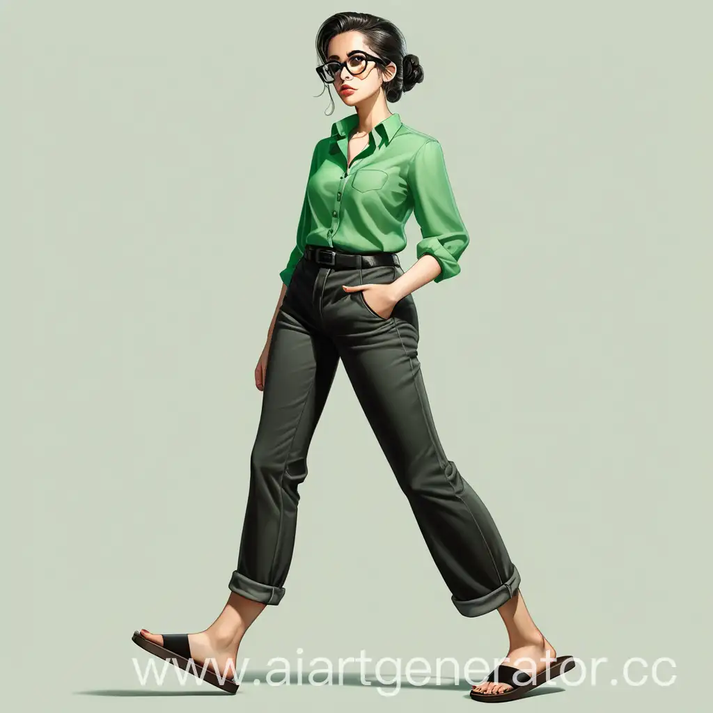 Персонаж женского пола в черных очках, в зелёной кофте почти до колен и черными берцами
