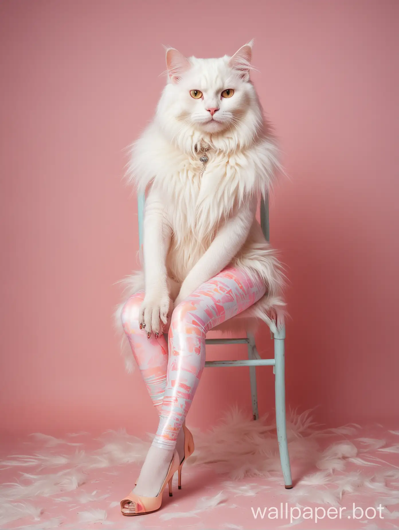 A full body photograph of an extremely beautiful and glamorous albino cat with long white fur, wearing pastel colored shiny leggings in the style of colorful neon drawings, sitting on a chair in front of a painted background, wearing high heels shoes, under soft studio lighting, with a dreamlike atmosphere, resembling fashion photography and cinematography.