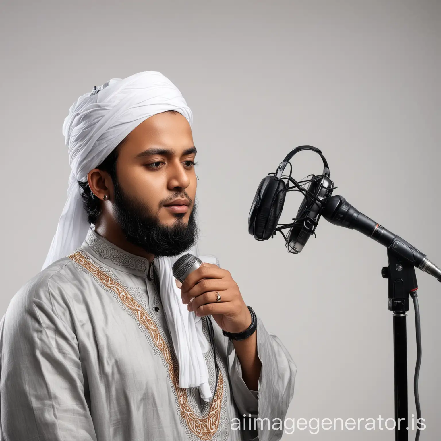 A Bangladeshi Muslim singer recording his song in white background wearing a beautiful jubba. Headphone on his head and in front of a condenser microphone