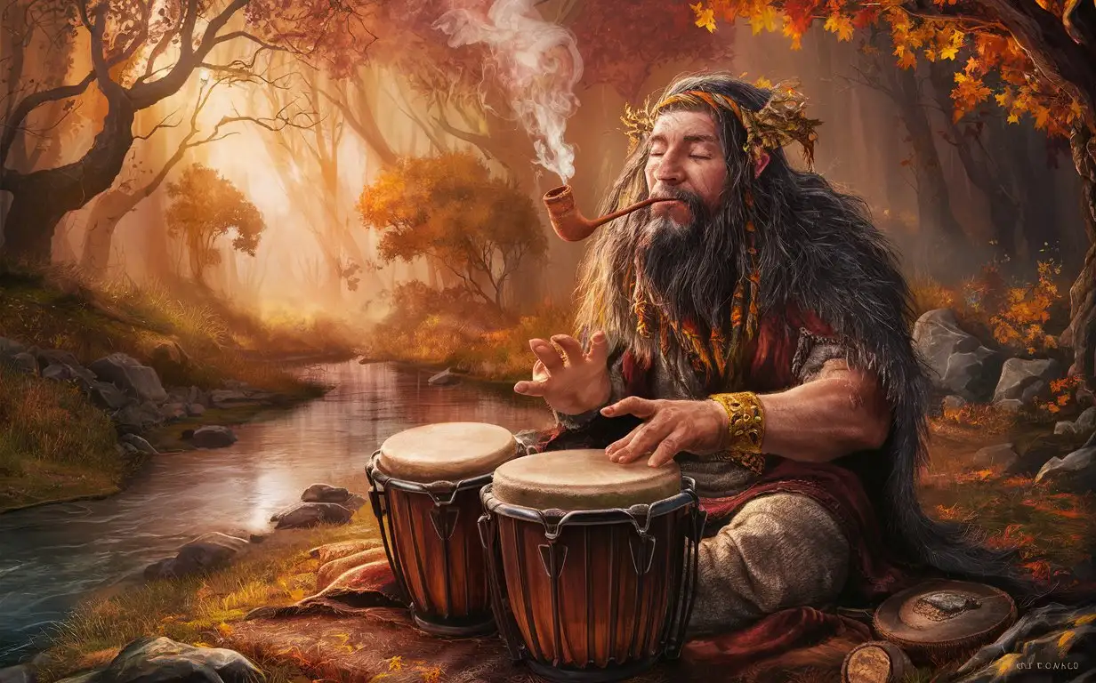 Celtic shaman plays bongos in the autumn forest near the river and smokes a pipe