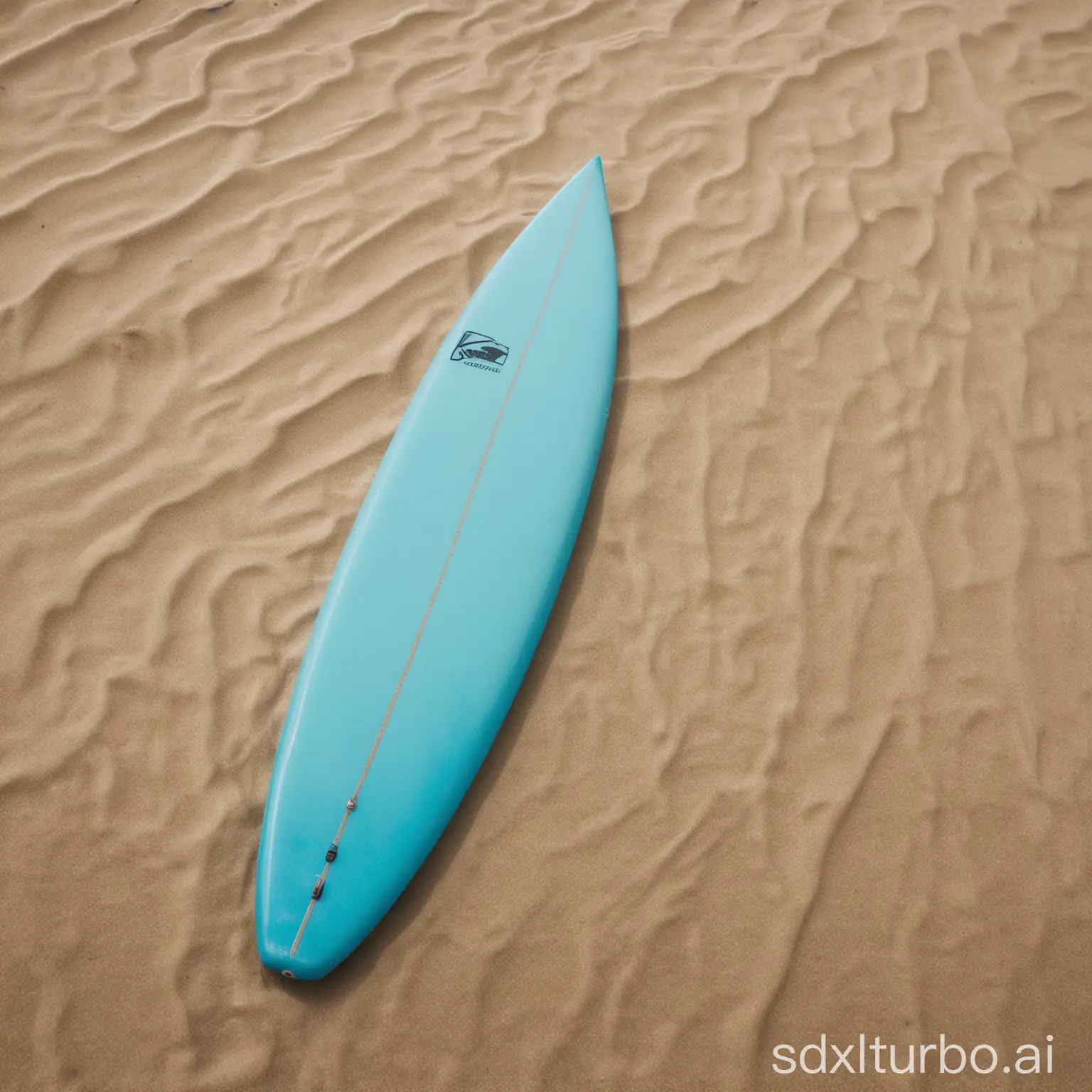 A photo of a bright blue surfboard on a sandy beach.