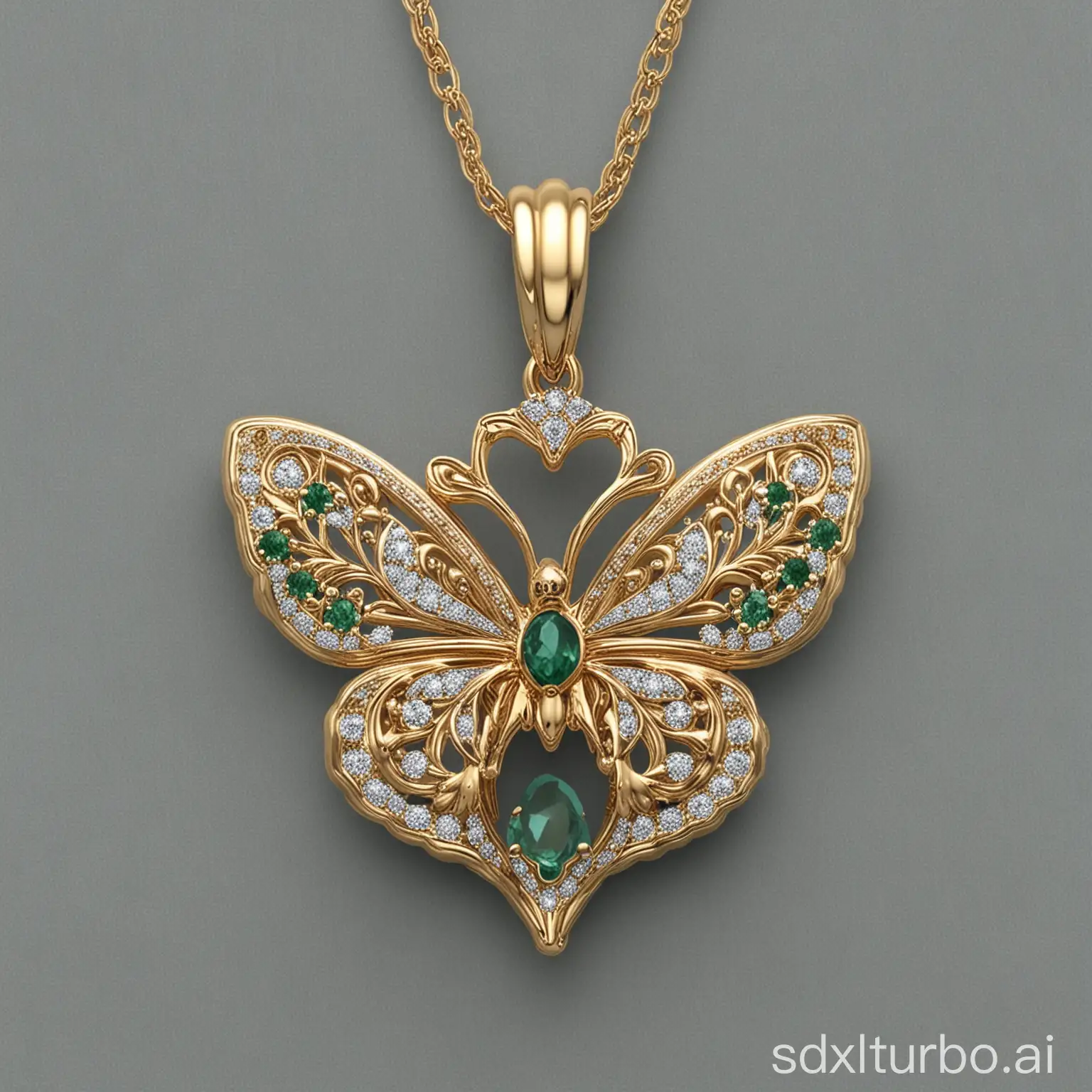 Design a gold pendant featuring a combination of small diamonds and emeralds set in a bezel-encased gemstone surrounded by intricate details. The design should be inspired by nature, specifically a butterfly, with delicate wings and body features that evoke a sense of elegance and whimsy.