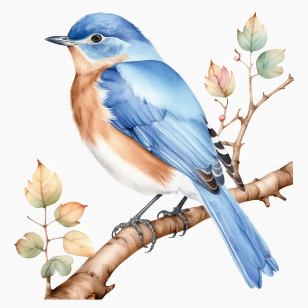 Aesthetic Watercolor Blue Bird Sitting on Branch
