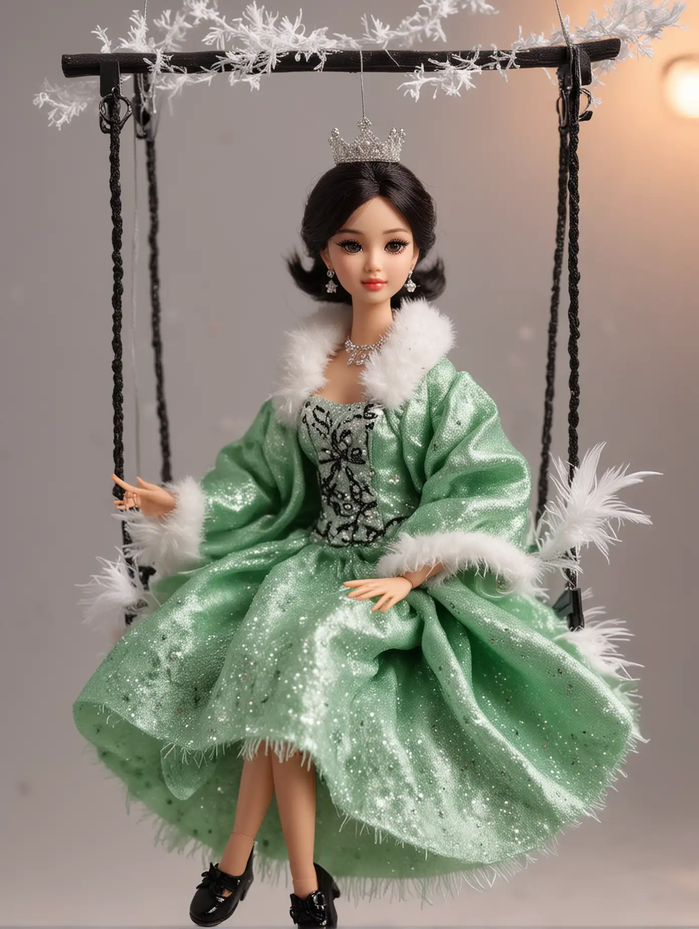 Beautiful teenage Kim Hye-yoon barbie doll. Height 5CM. wearing a flaming Glitter Snow Green Dress. Crown. shawl. Cute Pose Style. black shoes. sitting on a miniature feather swing