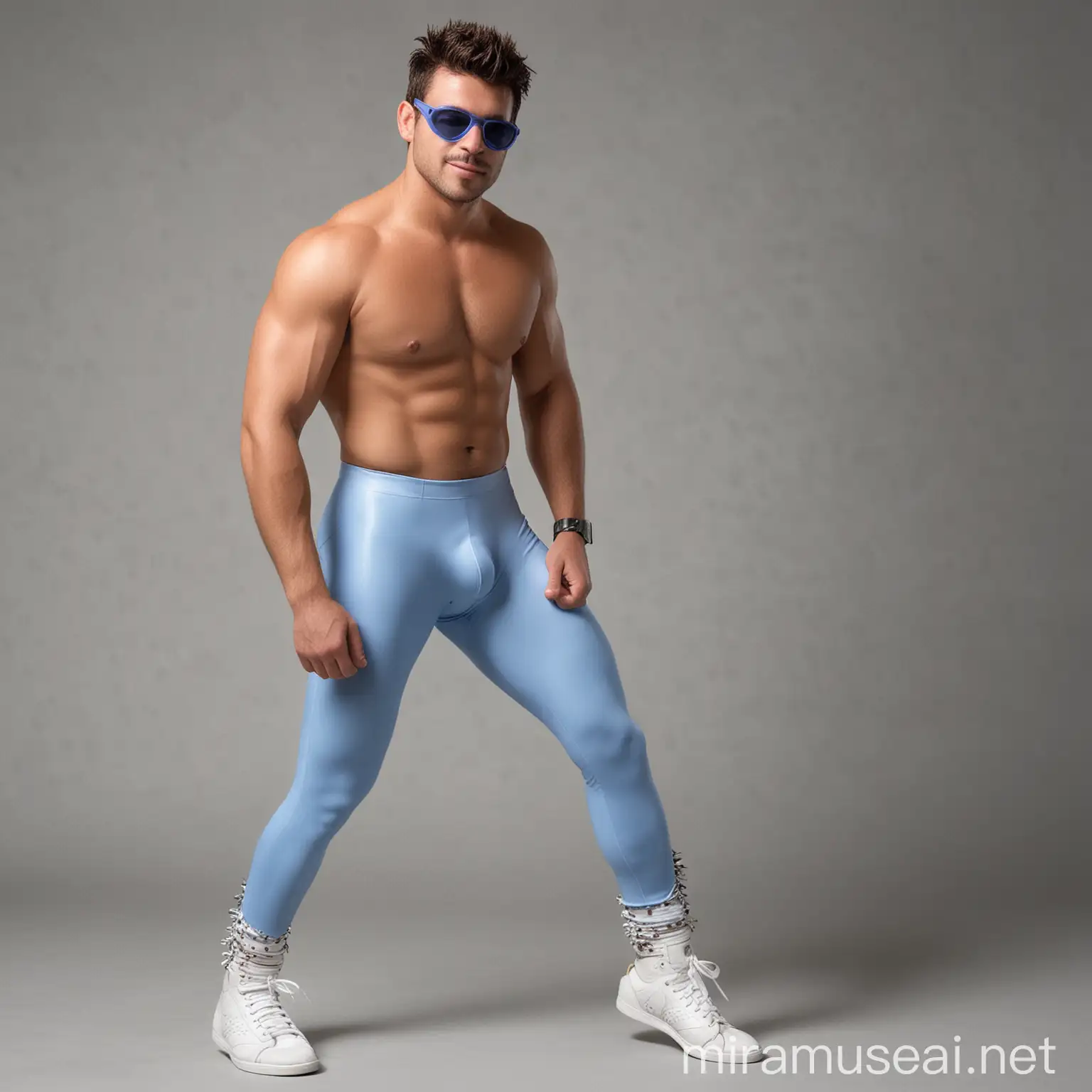 Charming shirtless  32 year old male Argentine wrestler, with short spiky gelled brunette hair; brown skin; sunglasses; very little beard; wearing long periwinkle spandex leggings;white wrestling sneakers with lightblue accents, plus black wristbands