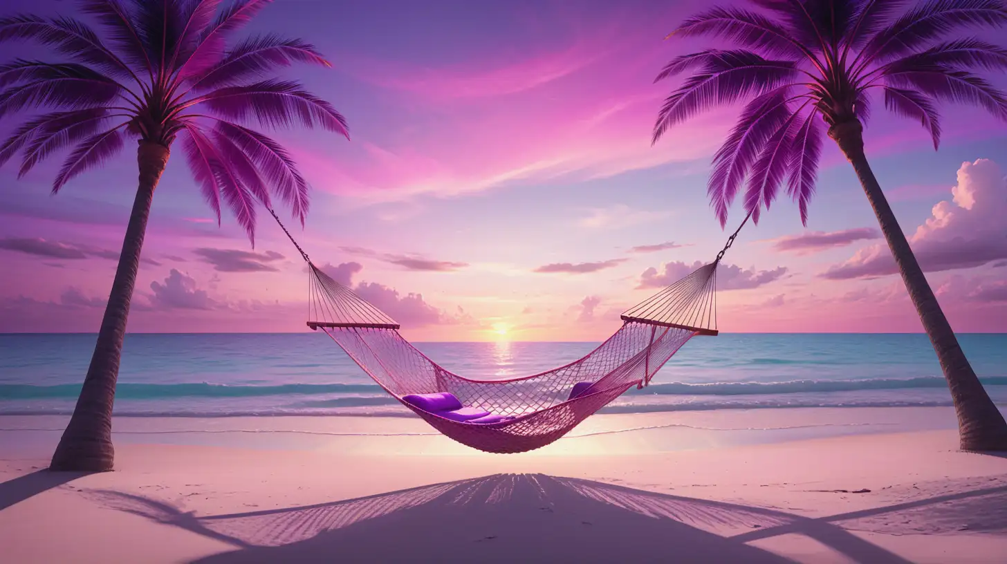 a tranquil beach scene at sunset. A hammock hangs between two palm trees, and the sky is bathed in pink and purple hues. The word “chillout” is displayed prominently, inviting relaxation. 