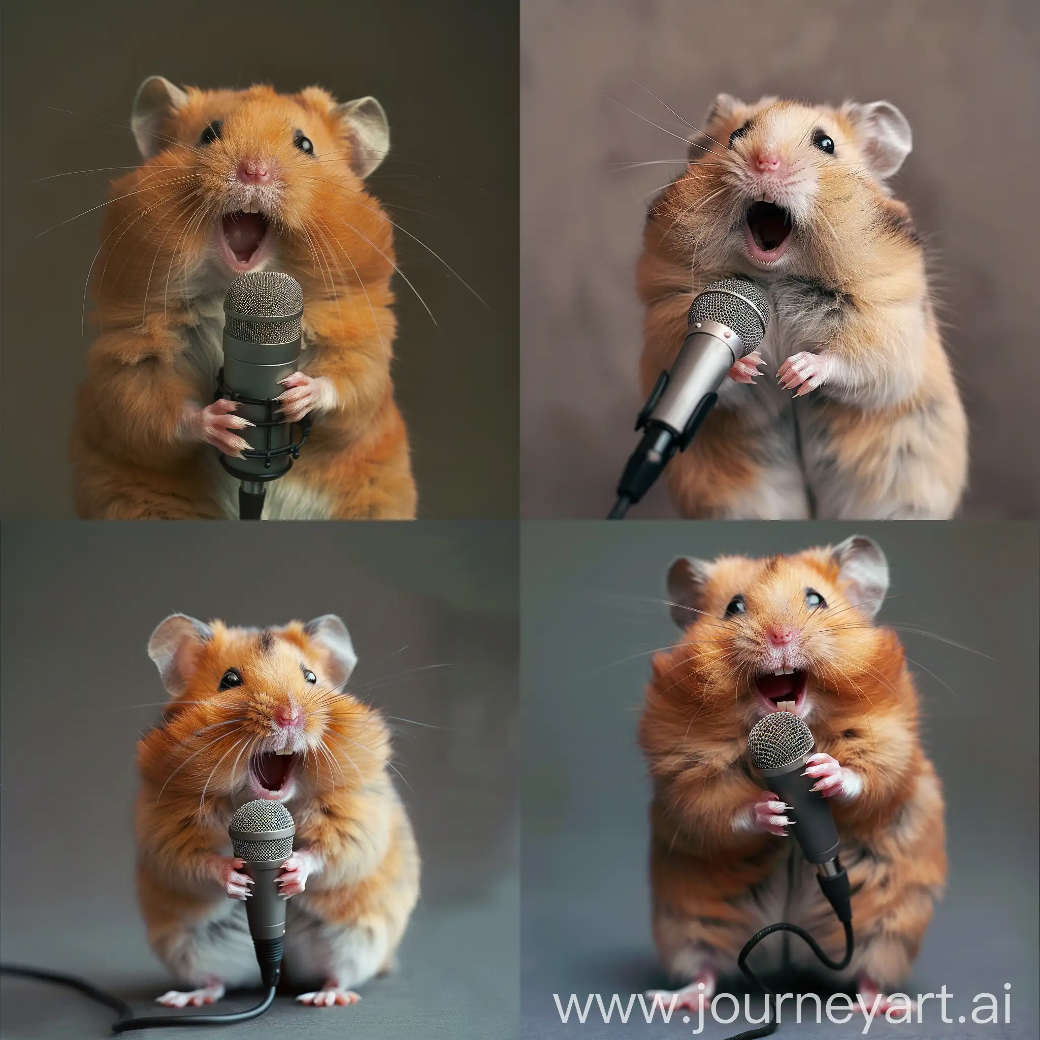 Close-up portraits, laughing hysterical Hamster with a recording microphone, simple background, clear focus, studio photography, by Leibovitz