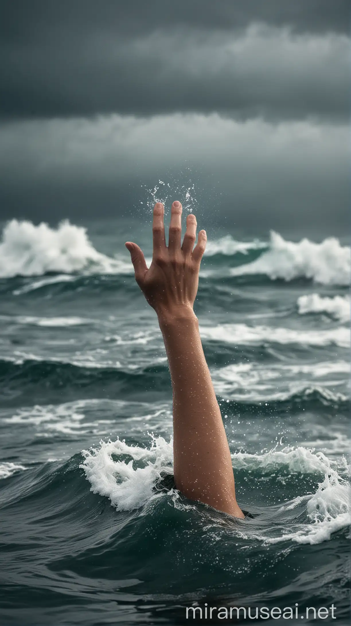 Human Female Arm Emerging from Stormy Ocean