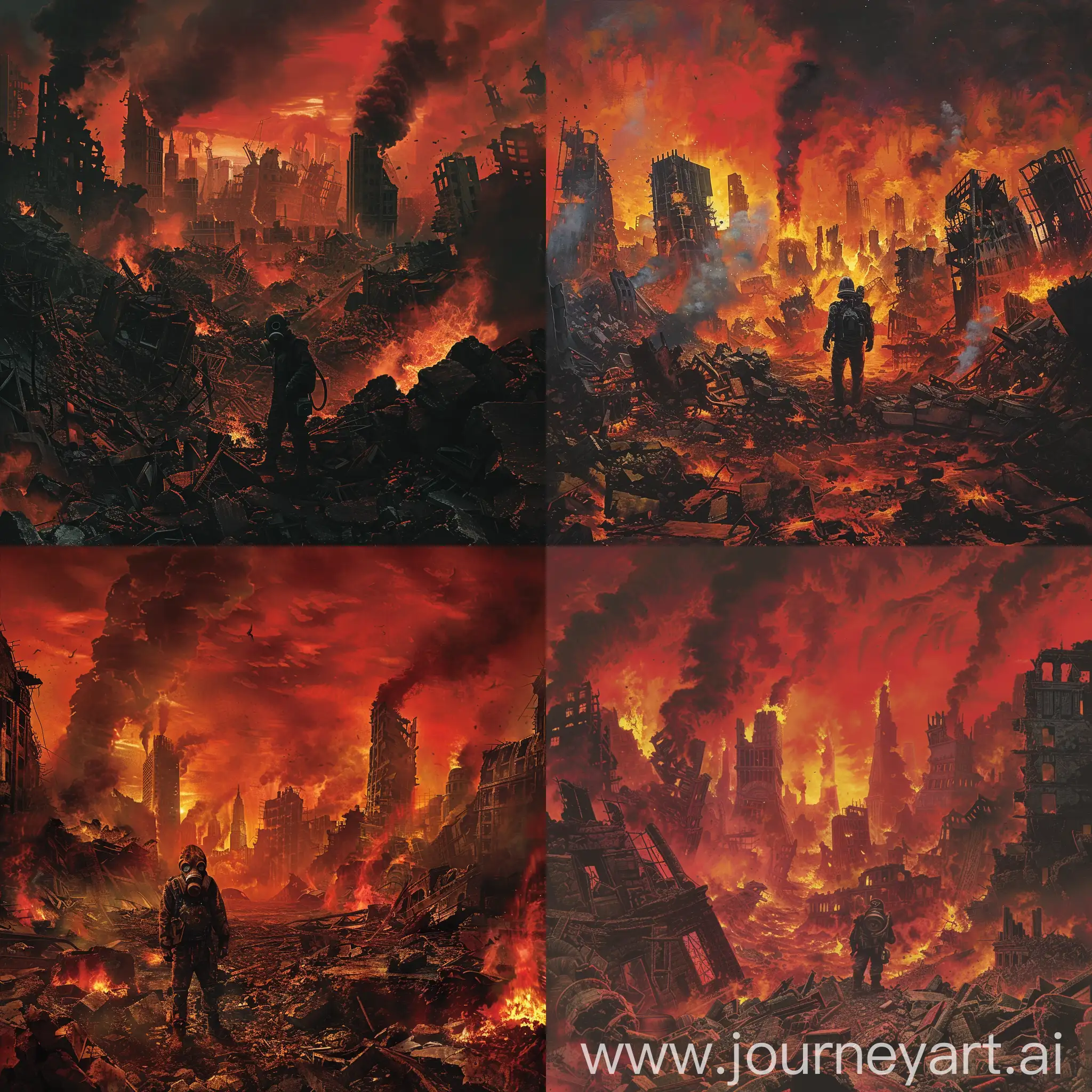 The cover features a post-apocalyptic cityscape in ruins, with flames and smoke rising in the background. The foreground shows a figure in a gas mask standing amid the wreckage, with a blood-red sky above.