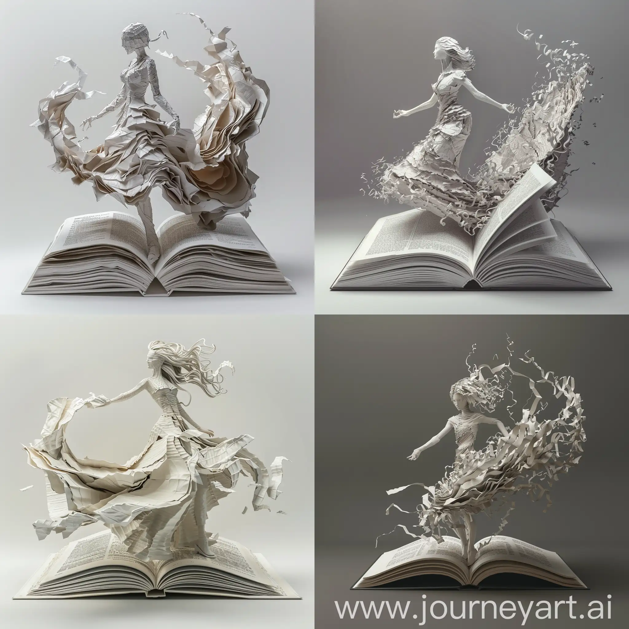 Create a detailed 3D render of a woman made of paper, emerging from an open book. Her dress is crafted from a single sheet of the book's pages, curling and twisting upwards to form her attire as she steps out of the book. The book's pages are torn and dynamically displaced, enhancing the sense of movement and liberation. The scene should capture the unique interaction between the two-dimensional book and the three-dimensional paper figure, emphasizing the intricate origami-style dress that seamlessly flows from the book. The entire composition should highlight her dramatic emergence with a focus on texture, detail, and the surreal contrast between the still book and her dynamic, paper-crafted form.