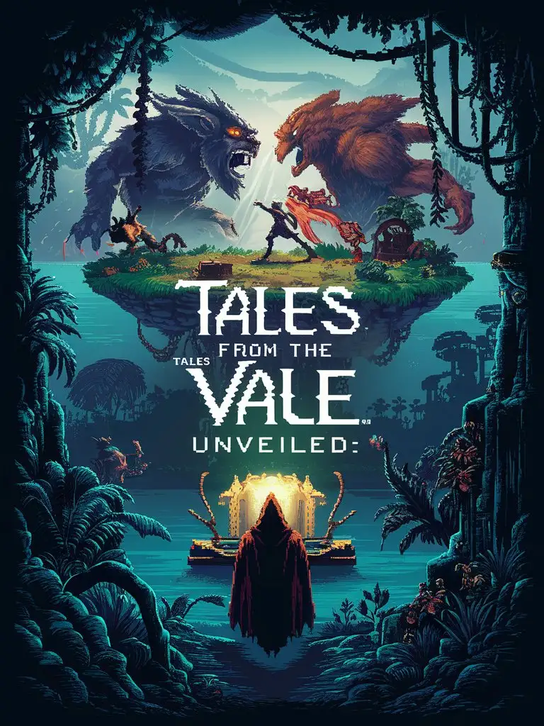 STYLIZED PIXEL ART TOP DOWN RETRO GAME COVER ART OF ENIGMATIC MISTY  FANTASY JUNGLE ISLANDS TITLED GAME ART "TALES FROM THE VALE" AND IN LARGE TEXT "UNVEILED" BELOW MONSTER BATTLE GAME