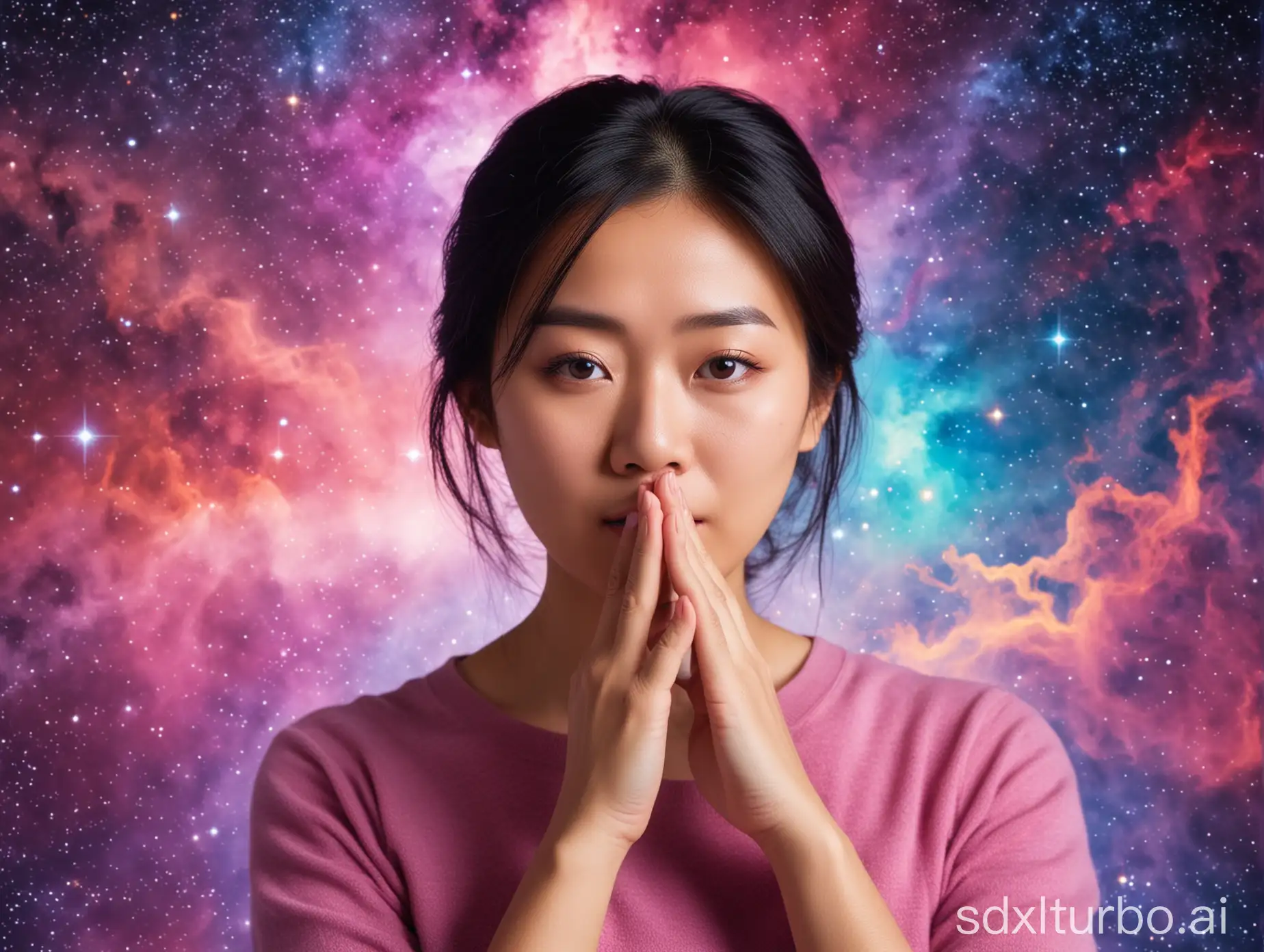 asian female person making silence gesture, background is the nebula, close-up shot, her brain is exuding magical light of vibrant colors,