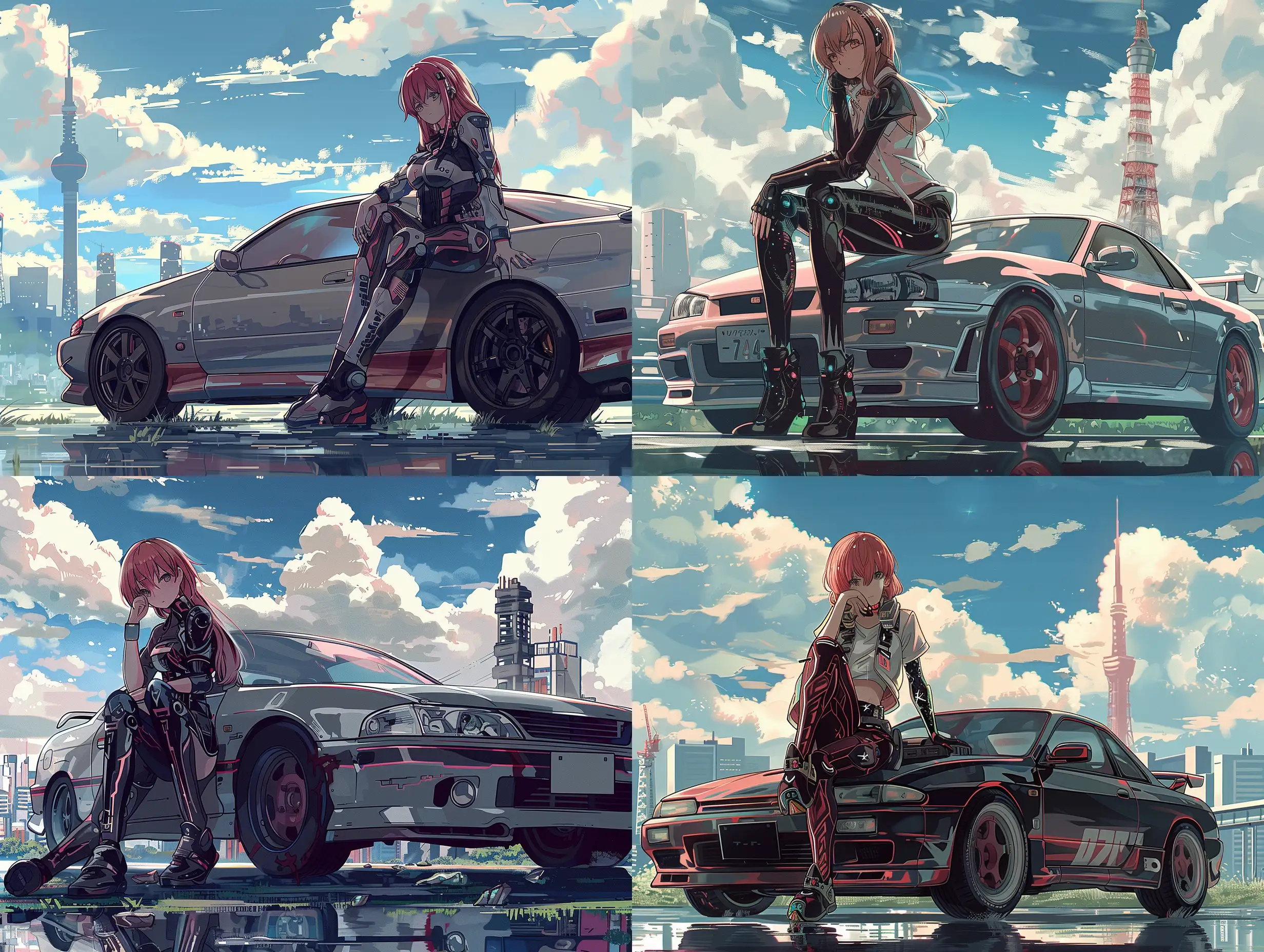 Cyberpunk-Anime-Character-Leaning-on-Car-Outside-the-City-in-Biker-Suit