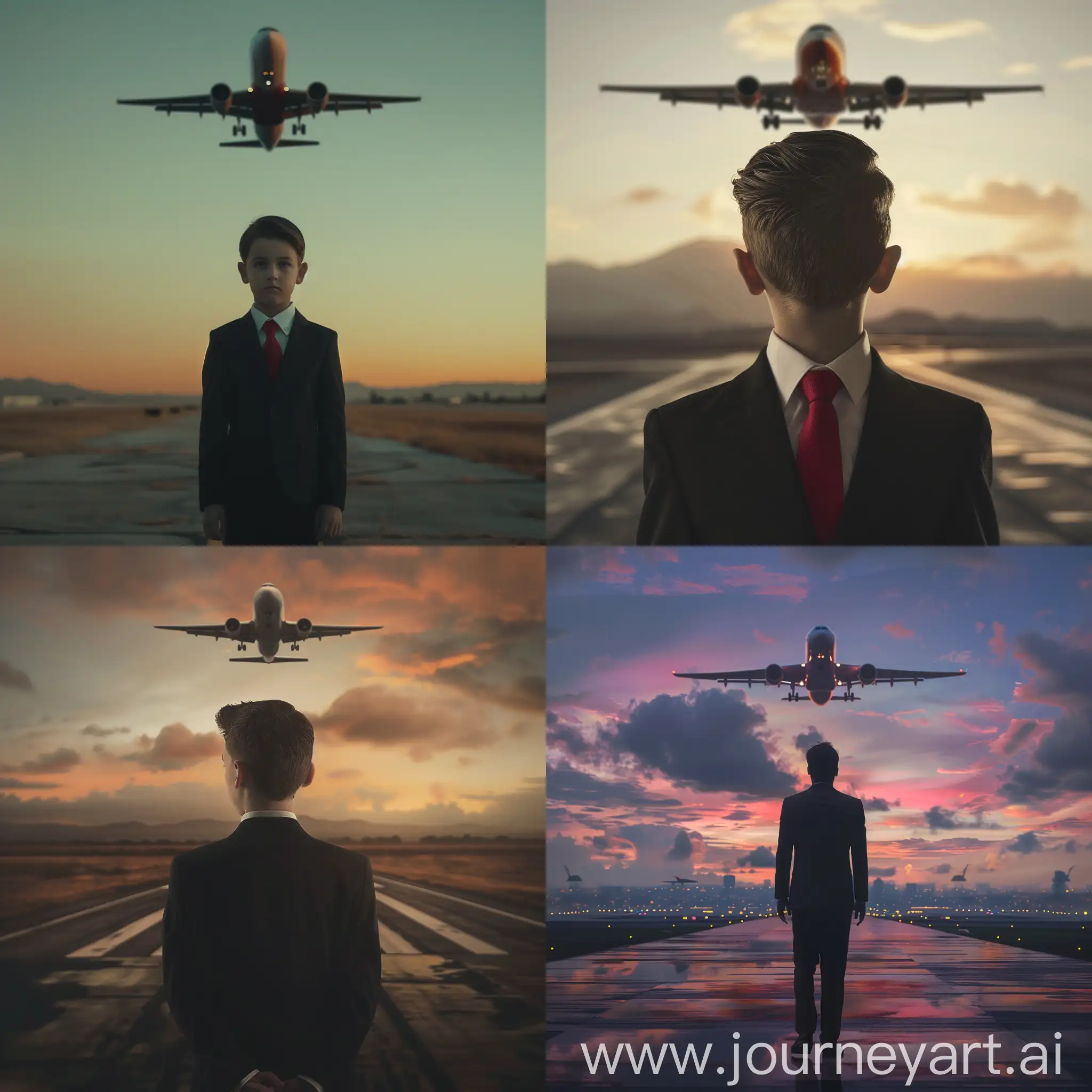 Caucasian-Boy-in-Black-Suit-and-Red-Tie-on-Runway-at-Dawn-with-Airplane-Taking-Off