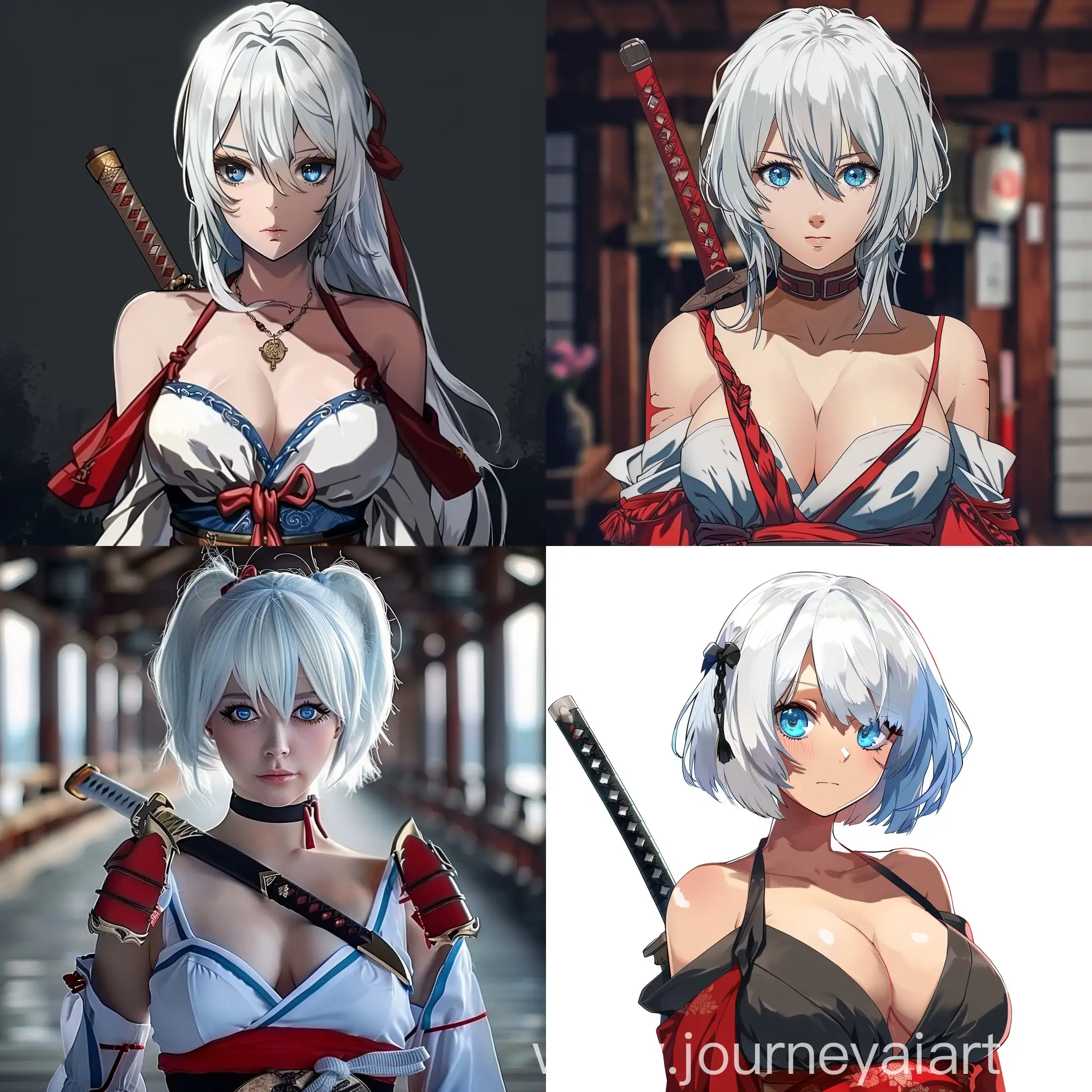 Anime girl but real actress, sword on waist, blue eyes, white hair, red shoulders