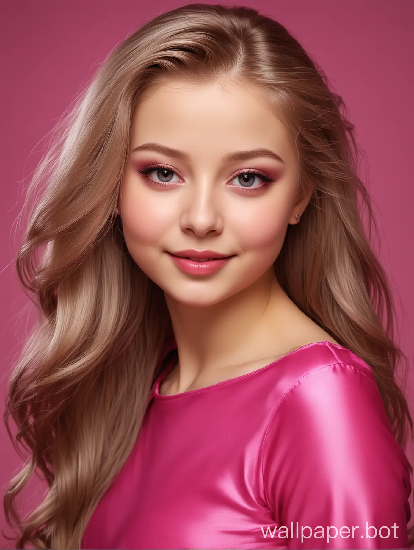 Реалистичная милашка Юлия Липницкая с длинными прямыми шелковистыми волосами в розовом фуксиевом шелке улыбается