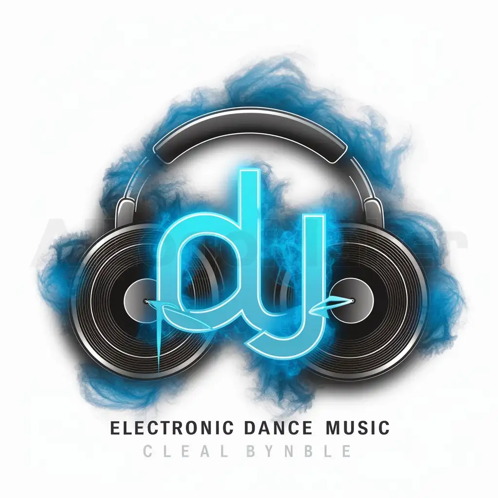 a logo design,with the text "Dj", main symbol:stylized, glowing blue fog that engulfs a turn table and a pair of headphones. The turntable's needle is in motion, and the headphones have a signal wave pattern running through them. The overall design exudes an electronic and energetic vibe, appealing to fans of electronic dance music,Moderate,be used in Dj industry,clear background