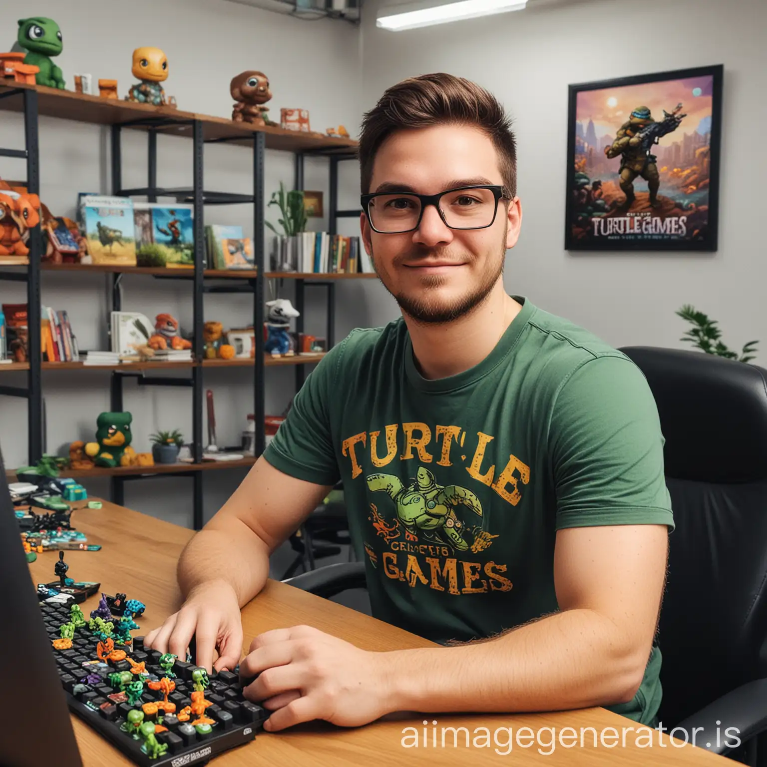 game designer in creative and colorful gaming company office named Turtle Games