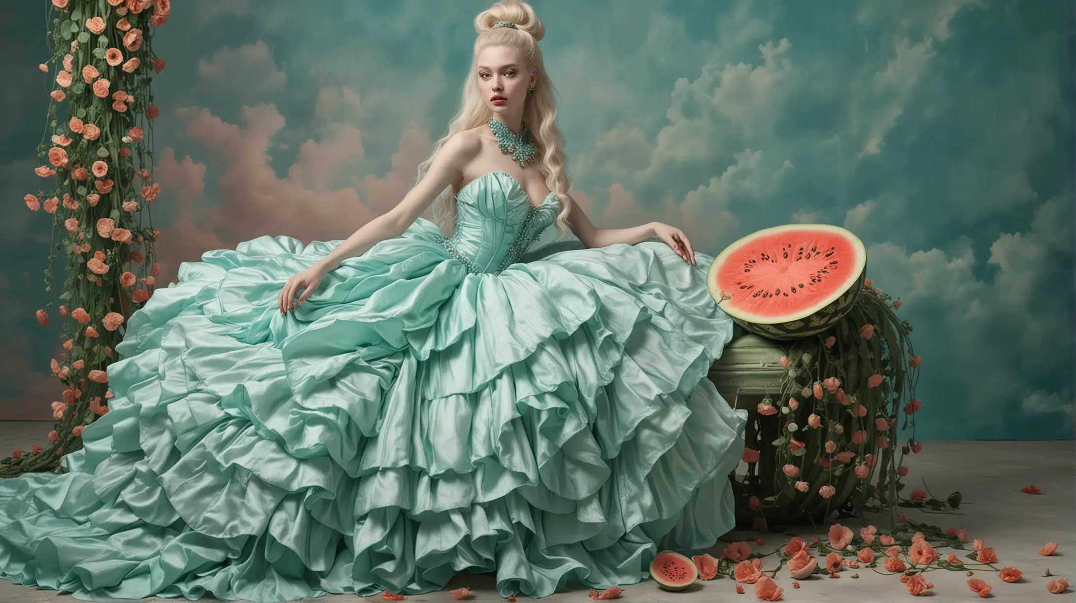 fantasy surreal reality light pastel tones image. a pale skin female model with long hairstyle with a pair of super long ponytail extensions on the sides, she is seating on top of a whole giant size watermelon, she is wearing haute couture oversized silk gown exposing her neck and shoulders, the dress drop down to the floor all in shades of tiffany blue colour, all in great detail. she is in a garden of very high poppy flowers tall as trees around. backdrop on patterns of soft tiffany blue shades clouds