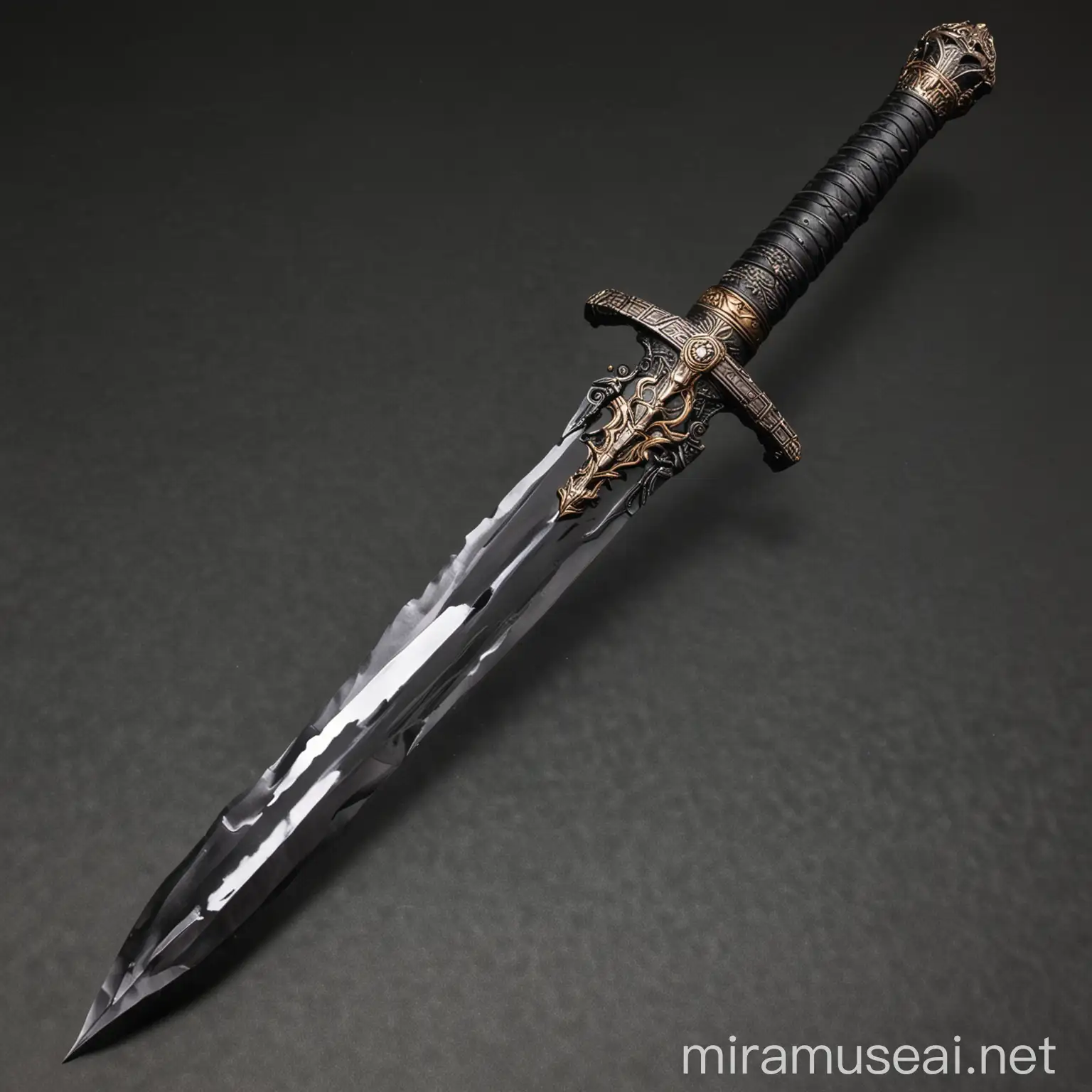 Elegant Black Panther Style Sword Displayed Against Intricate Background