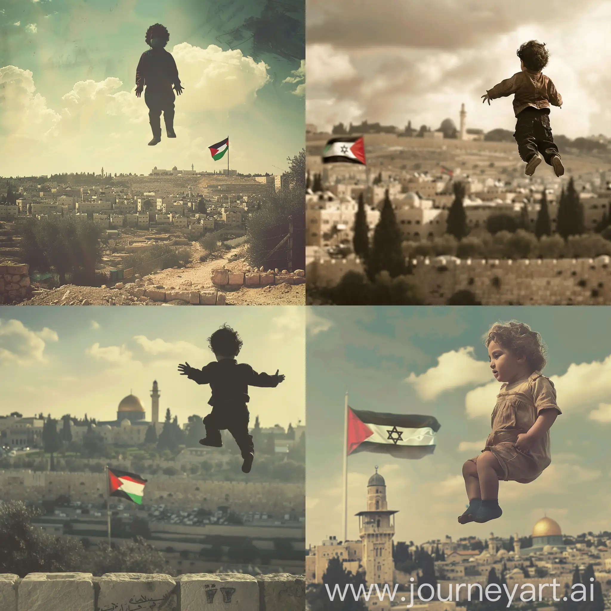 A philosophical photo of a Palestinian child flying to the sky after martyrdom, a view of Jerusalem and the Palestinian flag in the background.
