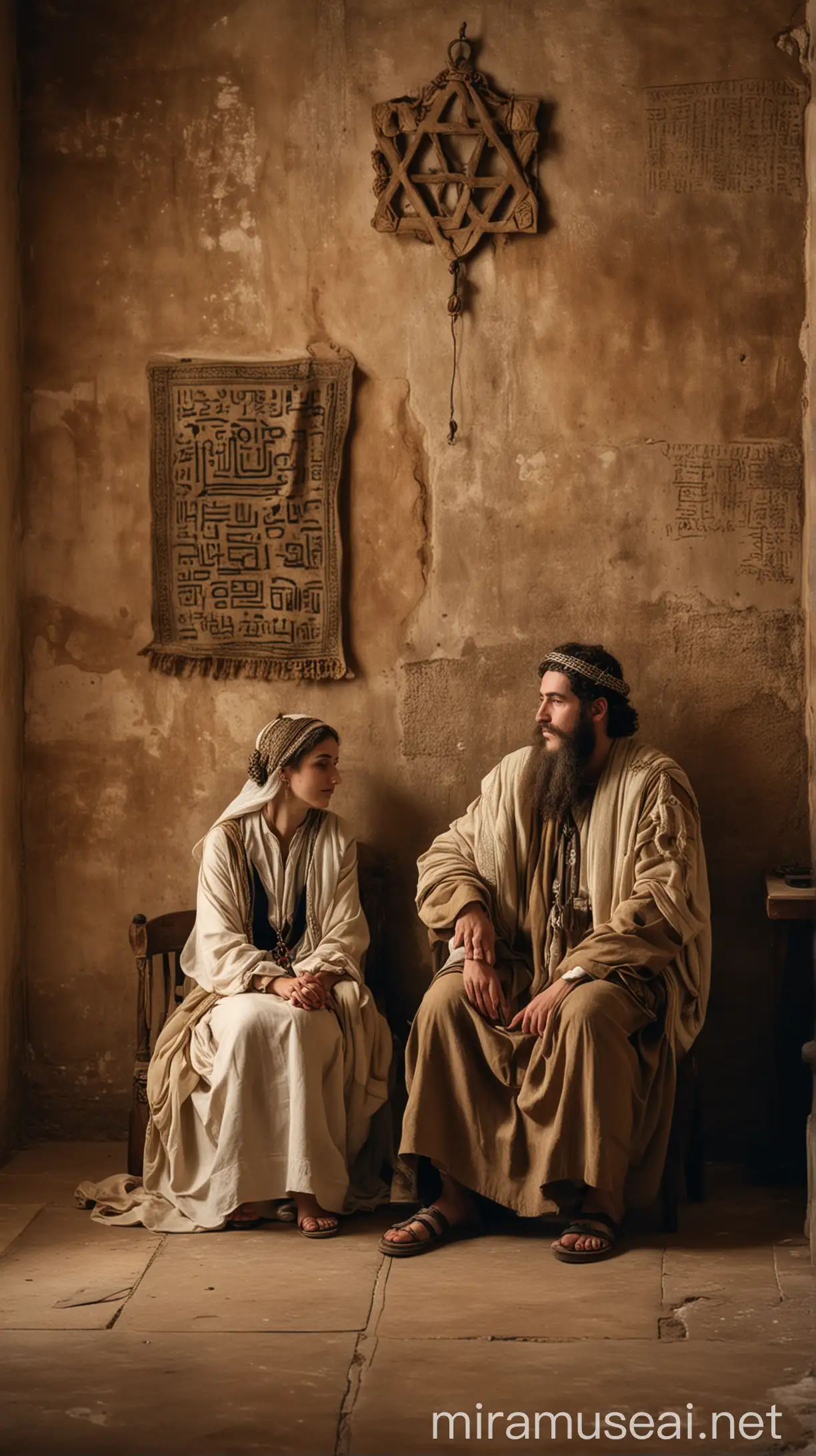 Jewish Couple in Ancient Room with Illuminated Manuscripts