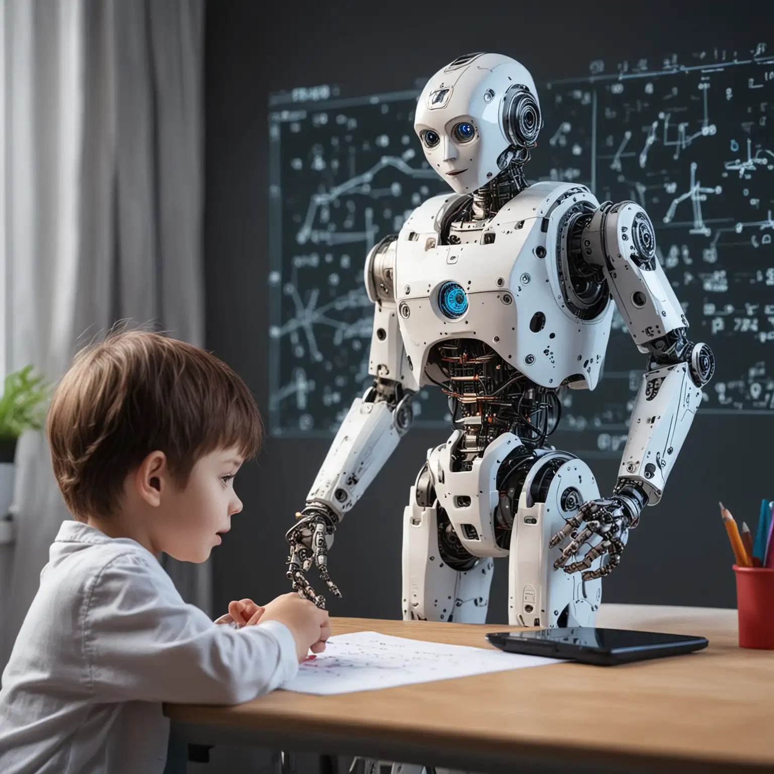children are learning mathematics with AI assistance, robot shows dynamic charts