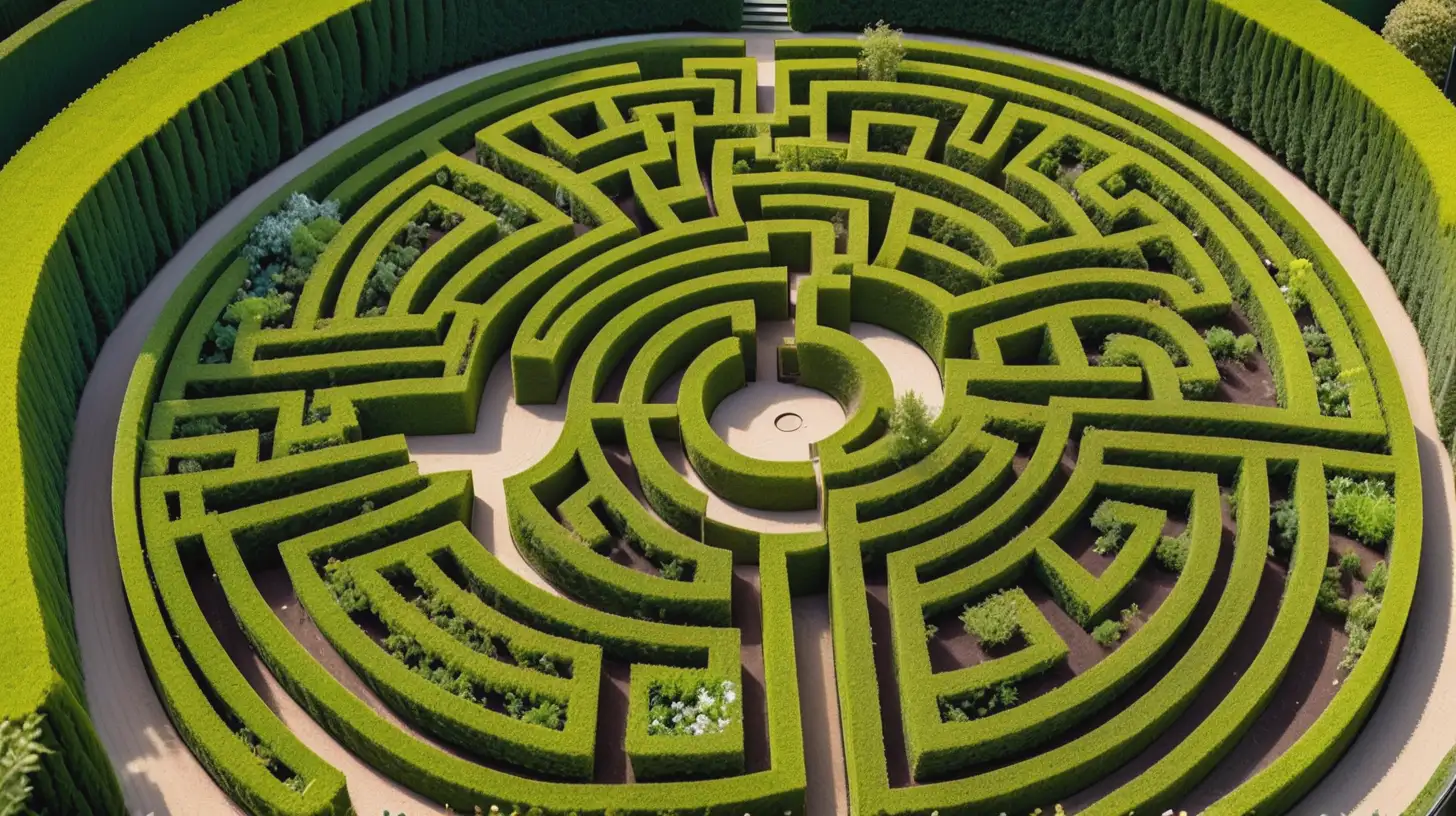 aerial view of beautiful figure-8 shaped garden maze with one way out, no people