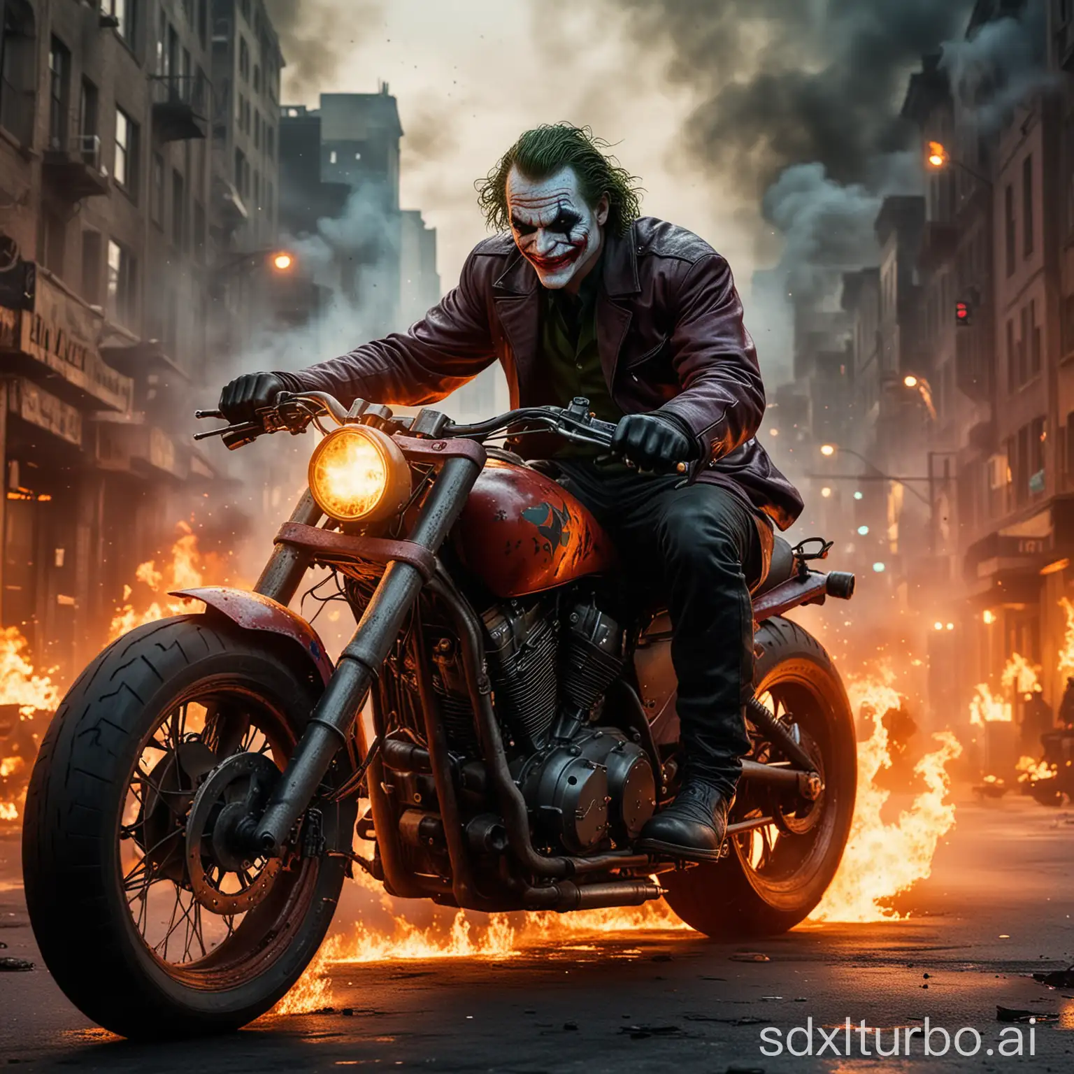 Motorcycles go, The Joker from Batman sits on the motorcycle, the motorcycle is red and he drives through a burning city