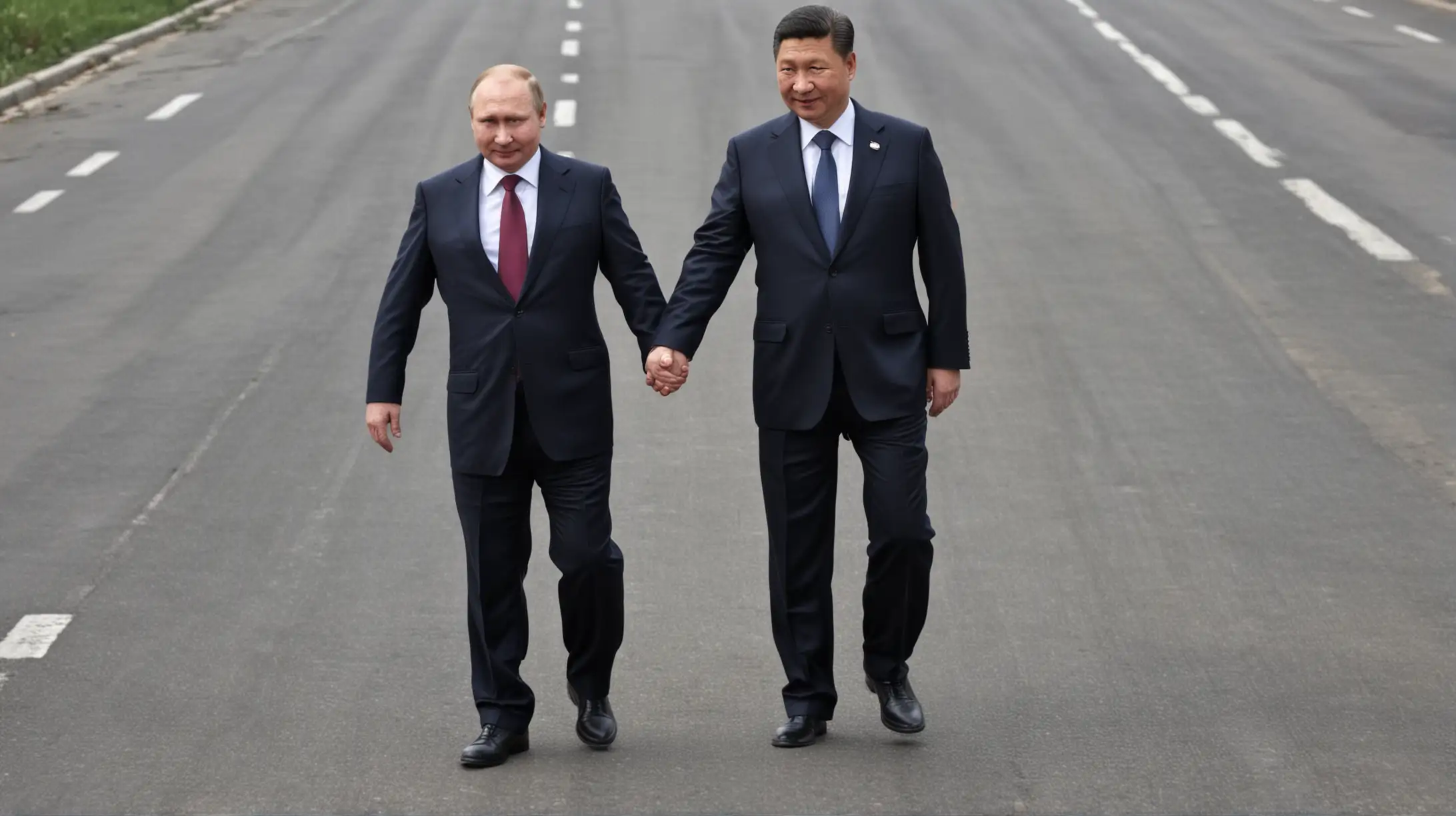 CHINESE PRESIDENT XI JINPING WALKING WHILE HOLDING THE HAND OF A RUSSIAN PRESIDENT VLADIMIR PUTIN looking like a dwarf ON A ROAD